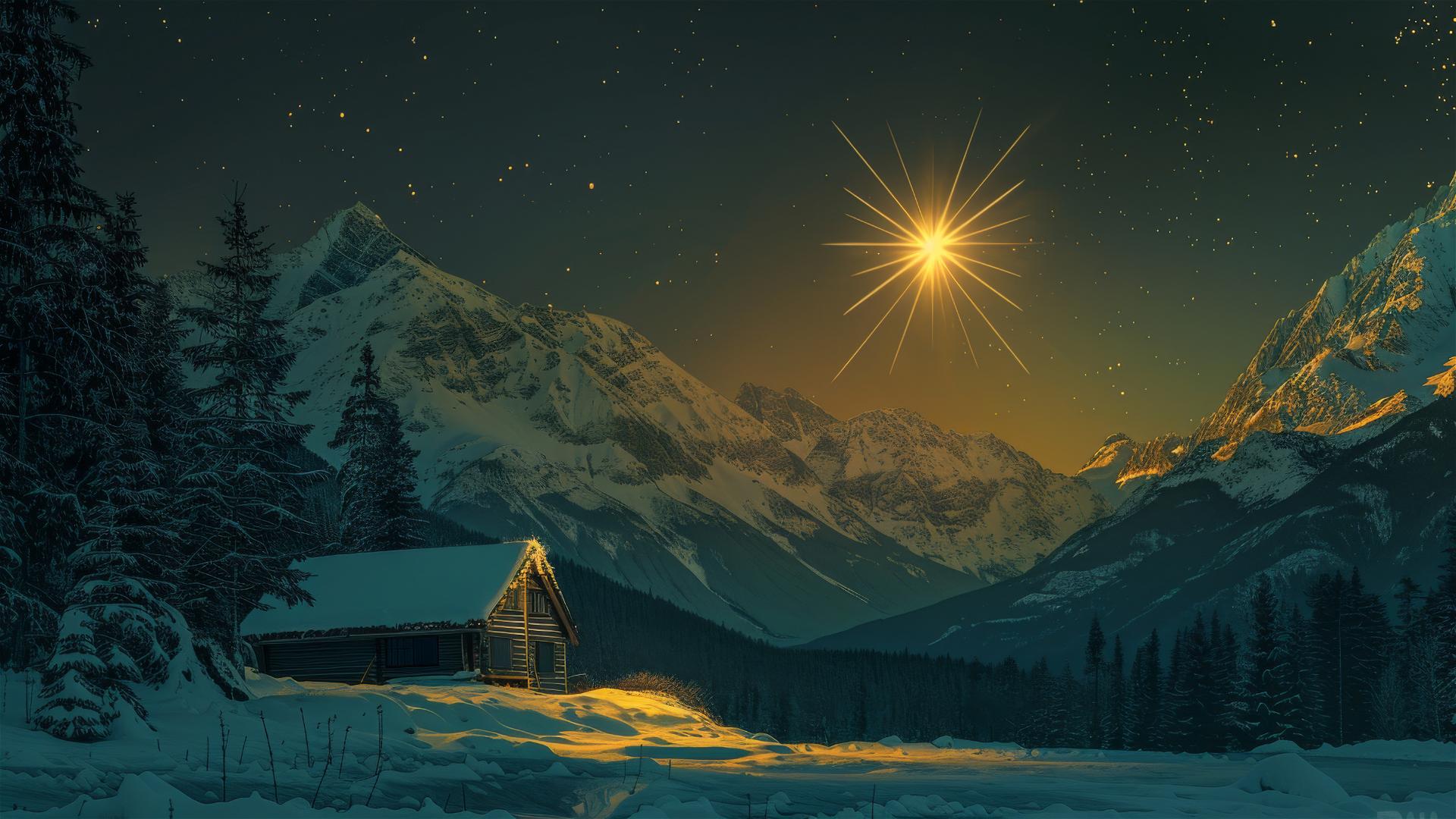 Christmas star over cabin near mountains in dark cyan and light brown