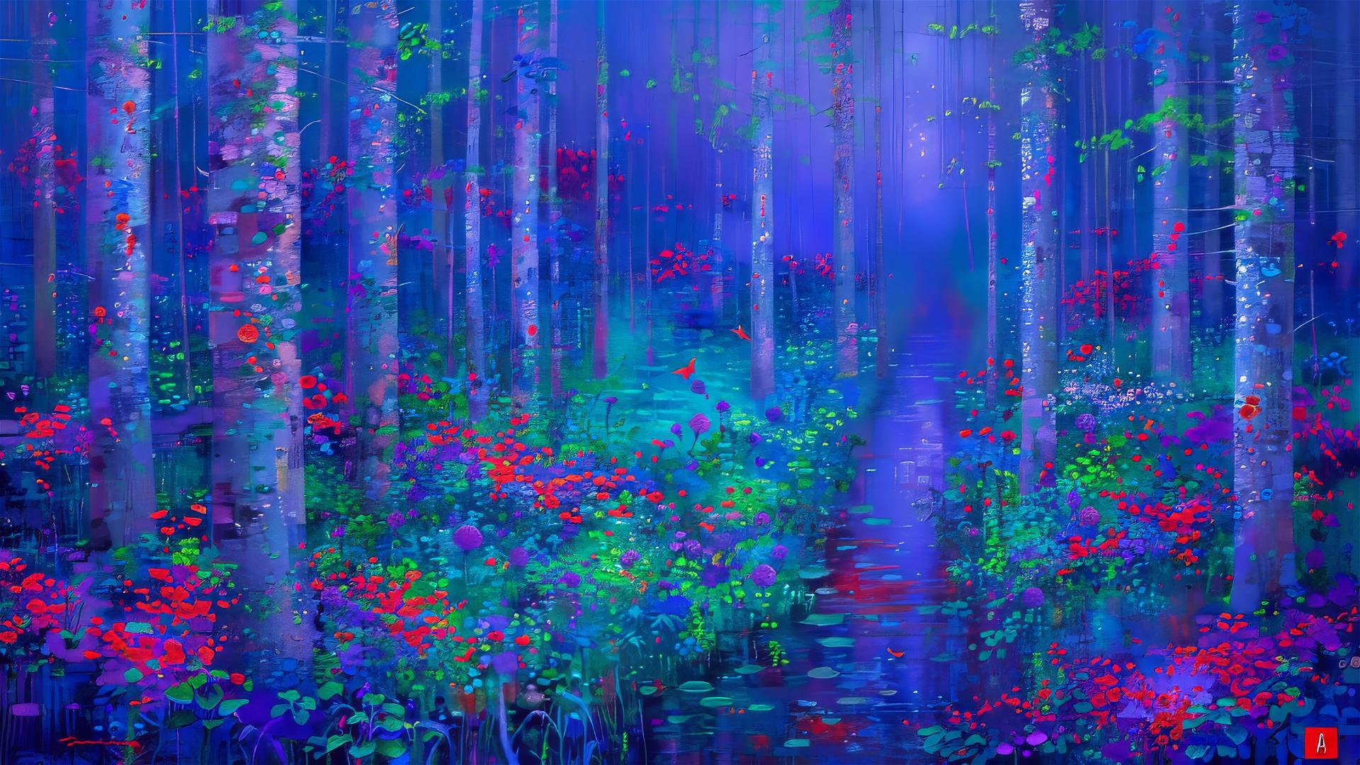 A forest scene with hidden creatures, autumn leaves, starry night sky, sunset, evokes loneliness, in the style of Gustave Klimt.