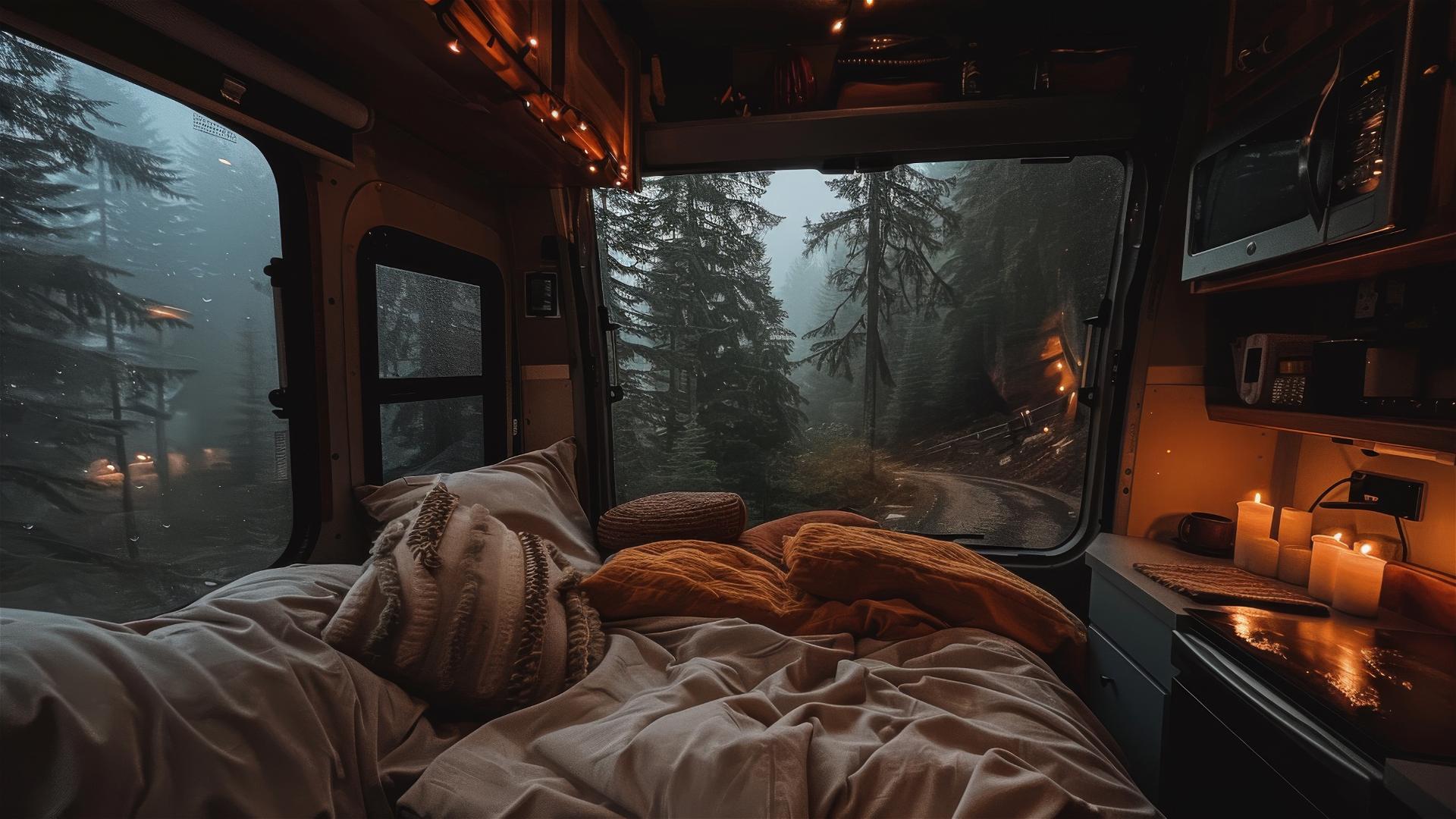 Interior of a cozy RV on a rainy day