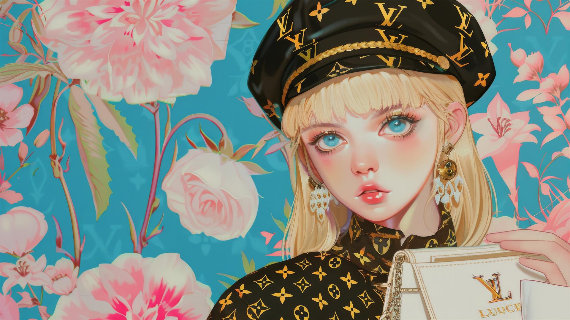 Blonde anime-inspired girl with blue eyes in Louis Vuitton beret, Gucci style patterns