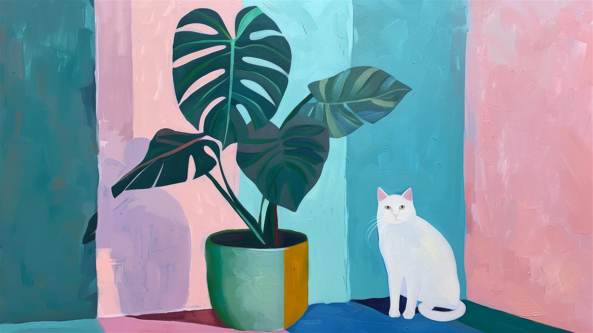 Monstera in green pot with a white cat, Matisse style with striped sides.