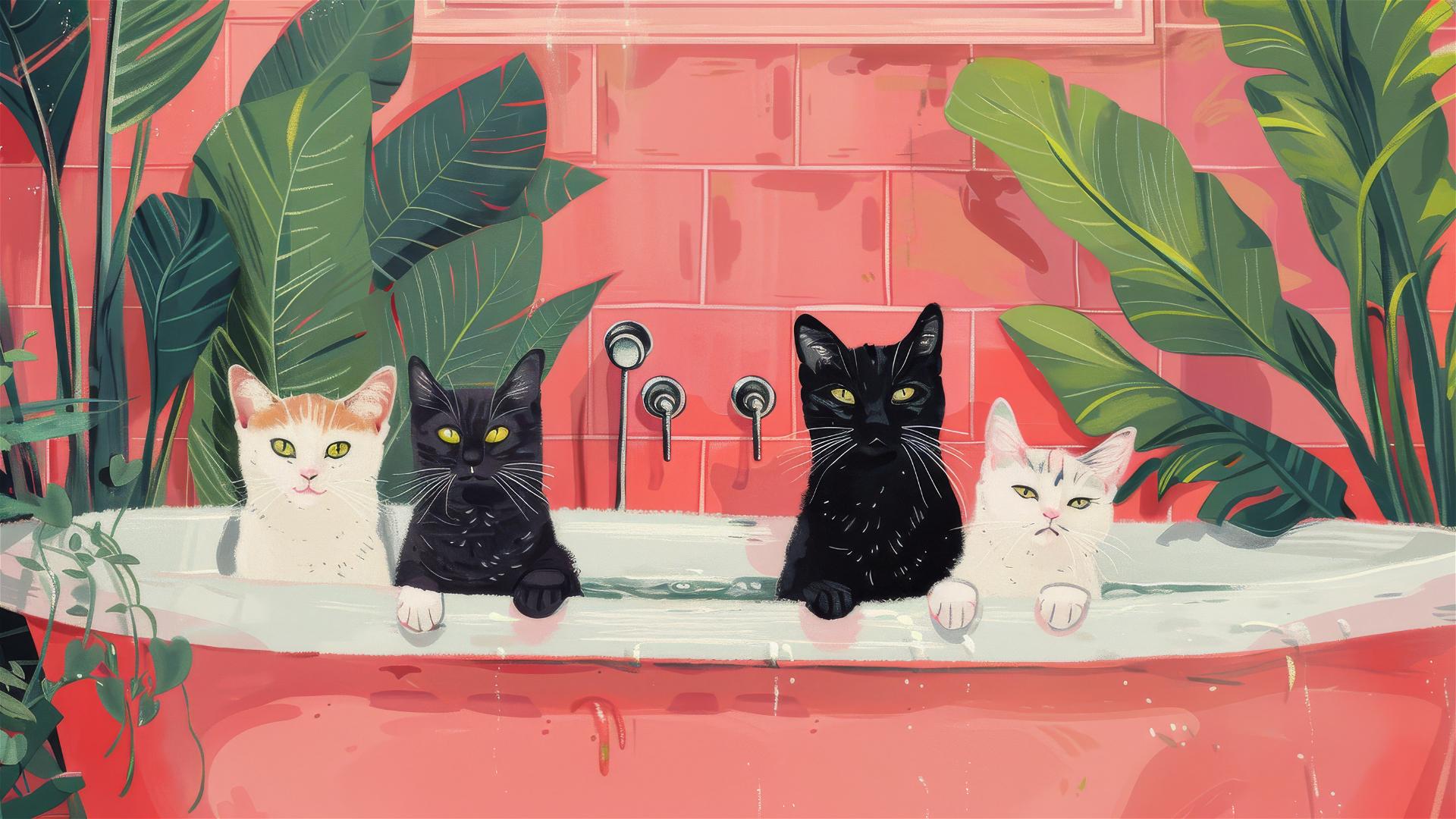 Cats in a bathtub with leaves and plants in a vibrant, preppy pink bathroom.