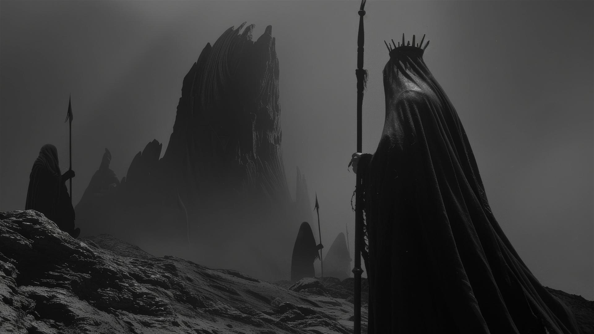Haunting woman with crown and spear in dark, foggy background