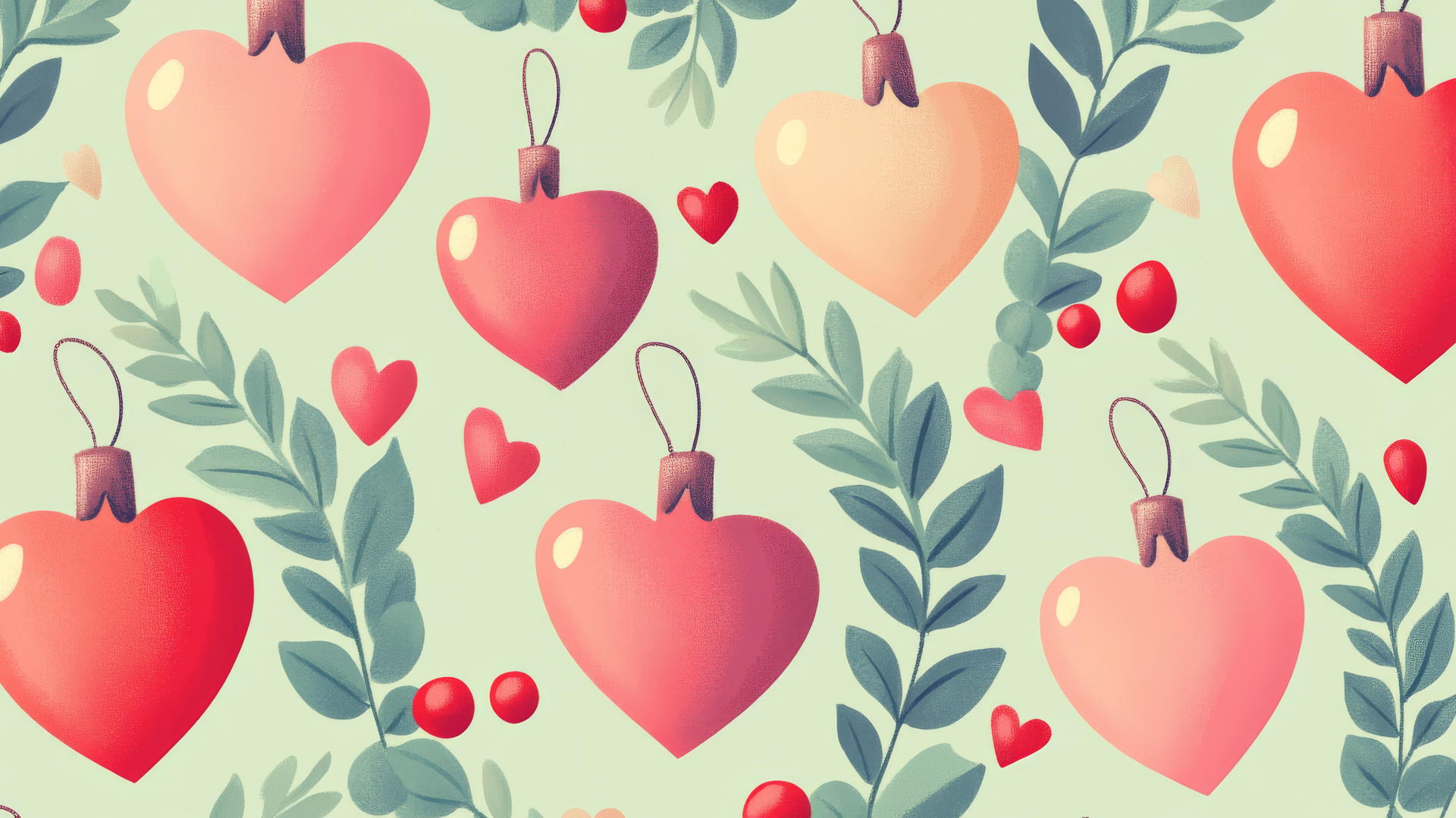 aesthetic preppy Christmas wallpaper with heart-shaped ornaments and mistletoe on pastel green background