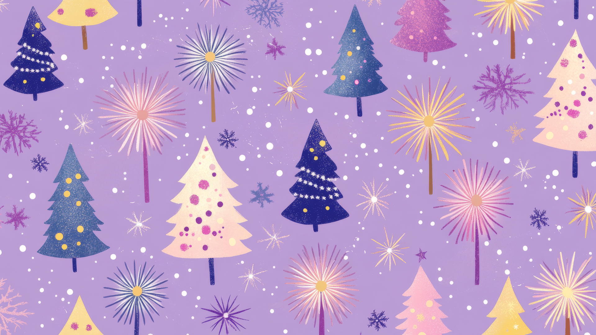 aesthetic preppy Christmas wallpaper with fireworks and Christmas trees on pastel purple background