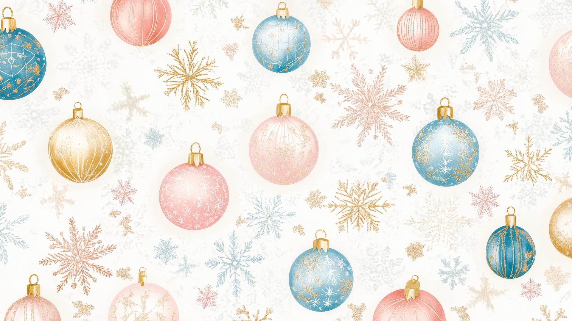 cute preppy Christmas wallpaper with pastel ornaments and snowflakes