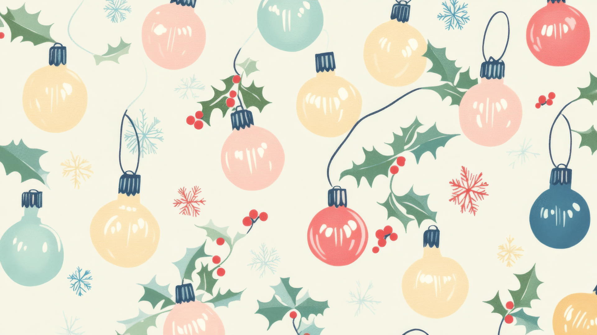 Preppy Christmas wallpaper with retro-style light bulbs in pastel pink, blue, and green, holly and snowflakes