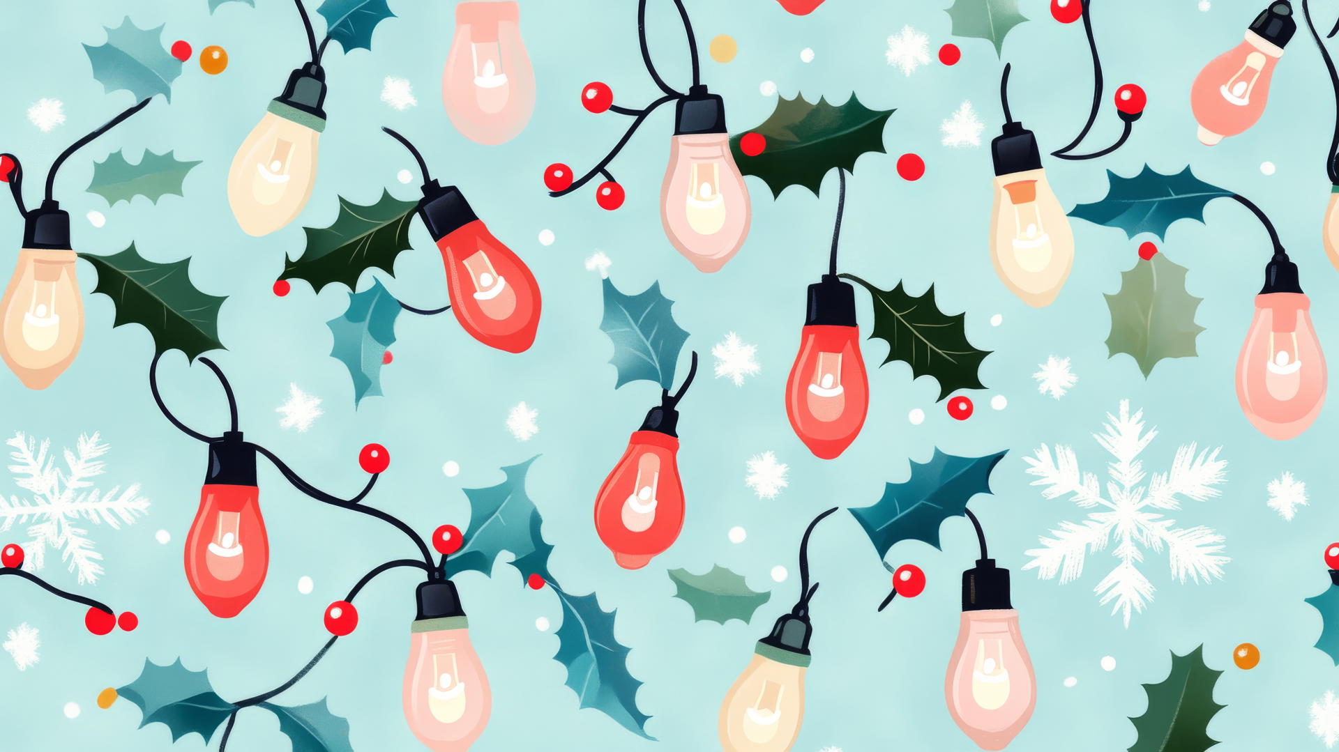 preppy Christmas wallpaper with retro-style light bulbs in pastel pink, blue, green, holly, and snowflakes