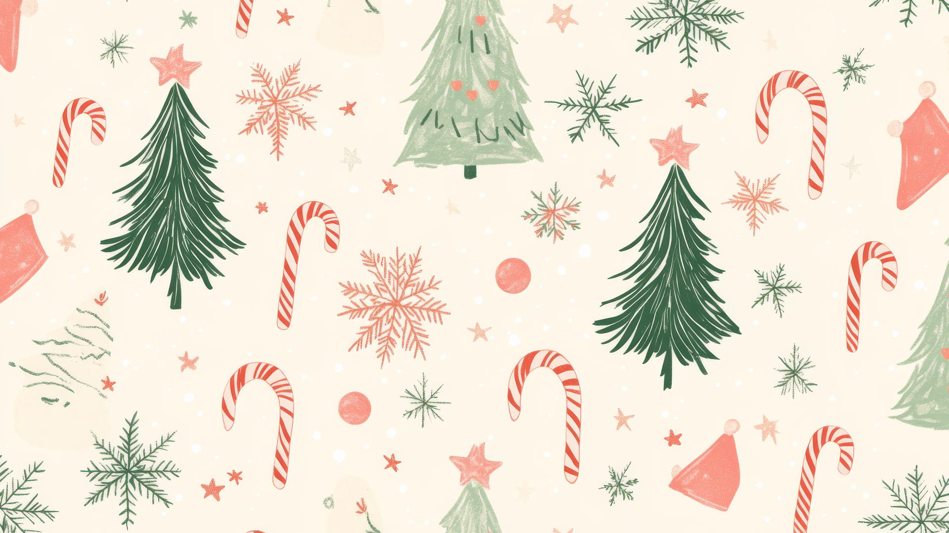 preppy Christmas wallpaper with pink and green trees, candy canes, snowflakes, Santa hats, and stars