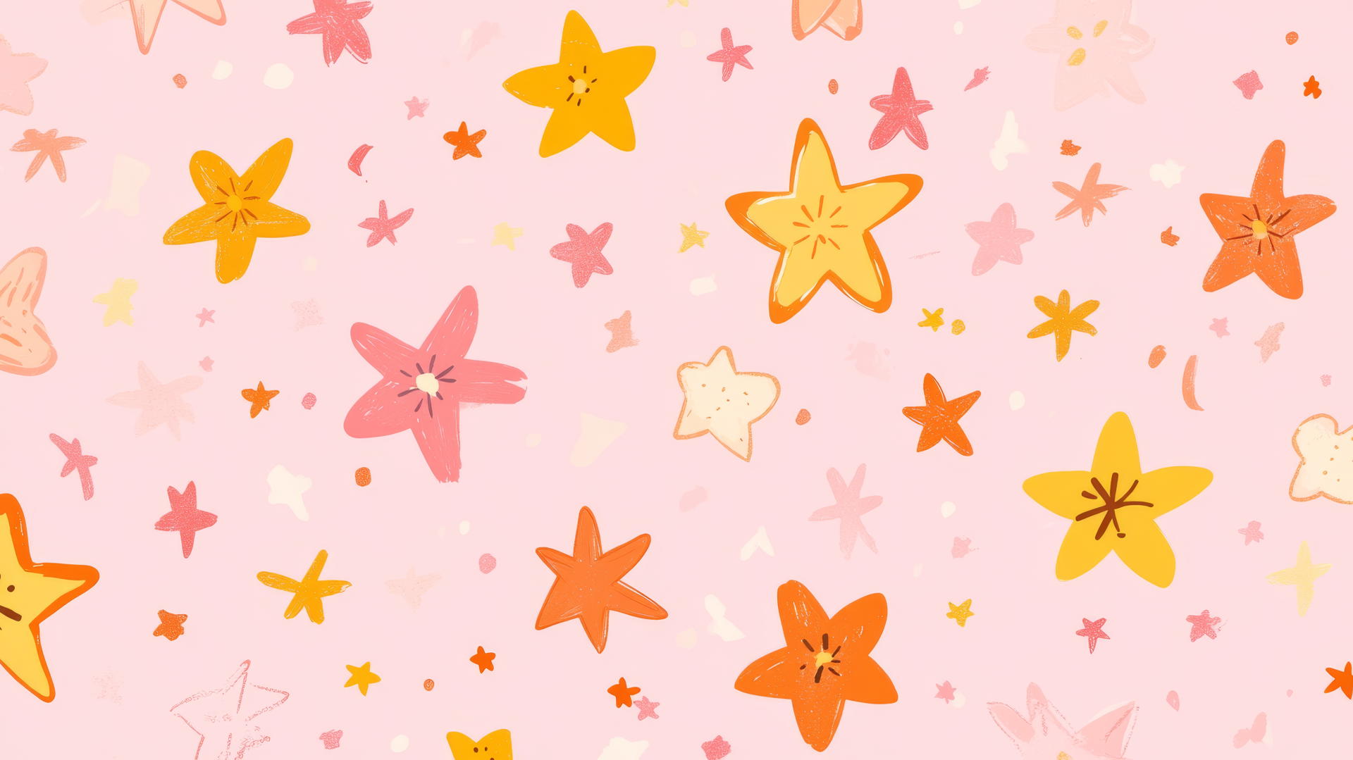 pink preppy wallpaper with stars and flowers in pink, yellow, and orange on pastel pink background