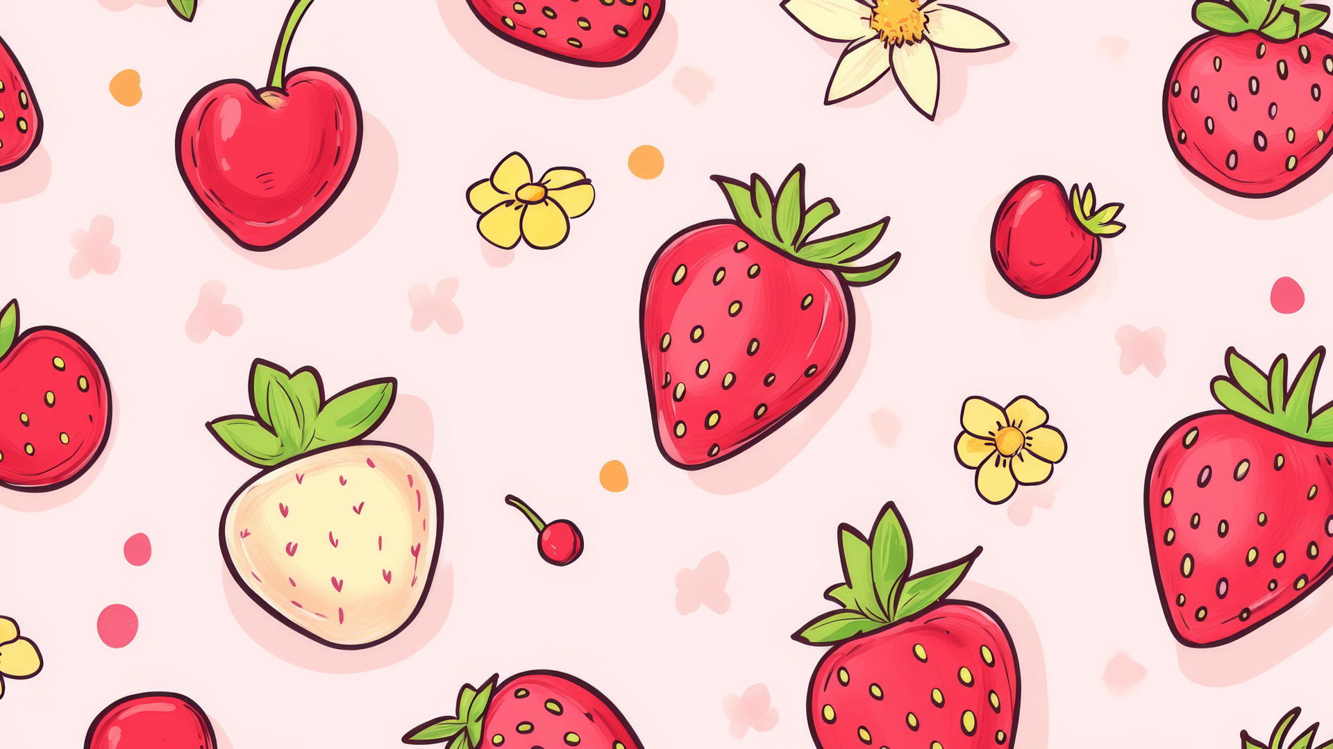 Preppy wallpaper with cute doodles of strawberries, cherries, and flowers on light pink background