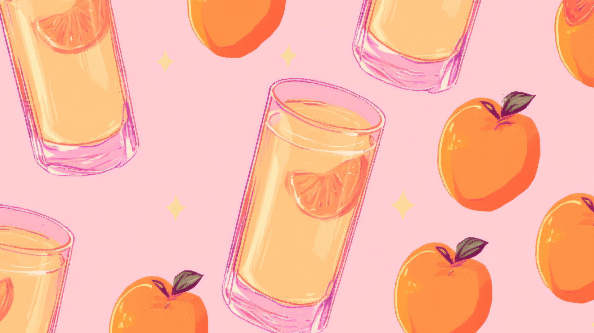 pink preppy wallpaper with 8-bit pixel art of peach juice and glass outlines in orange and pink