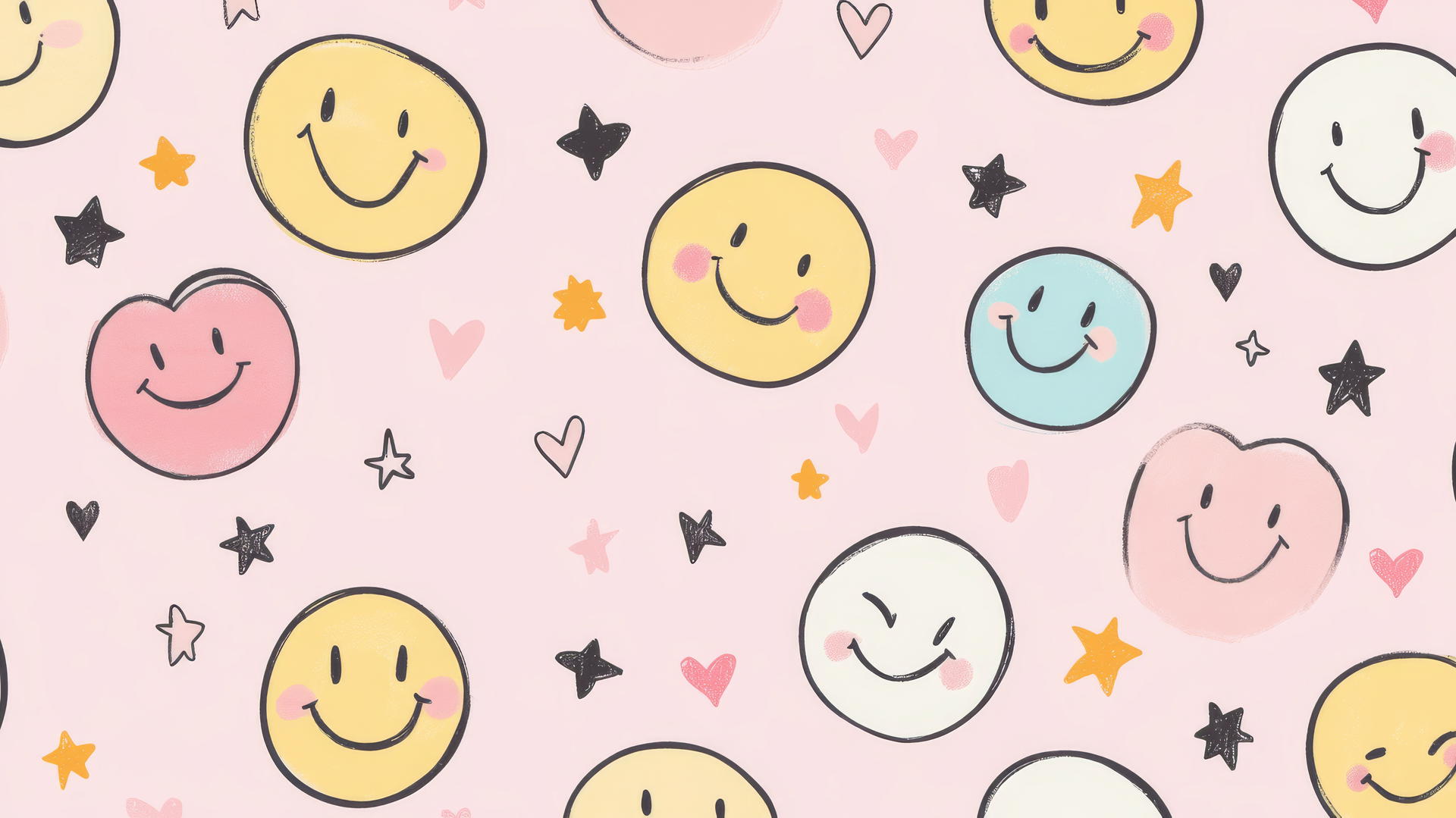 preppy wallpaper smiley face with playful expressions, stars, and hearts on a light pink background