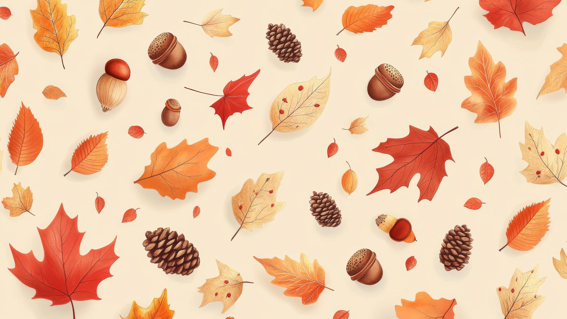 Preppy autumn wallpaper with leaves, acorns, and pinecones