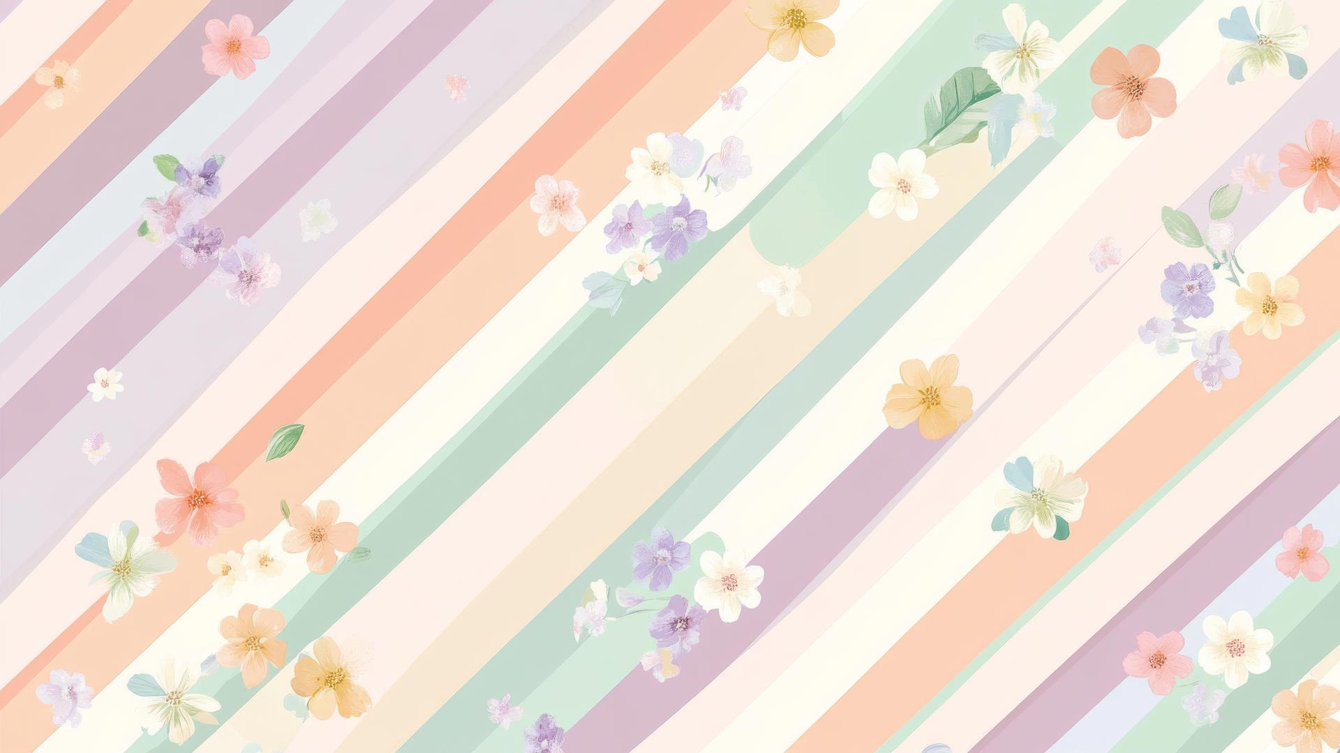 Preppy spring wallpaper with diagonal pastel stripes and cute floral motifs