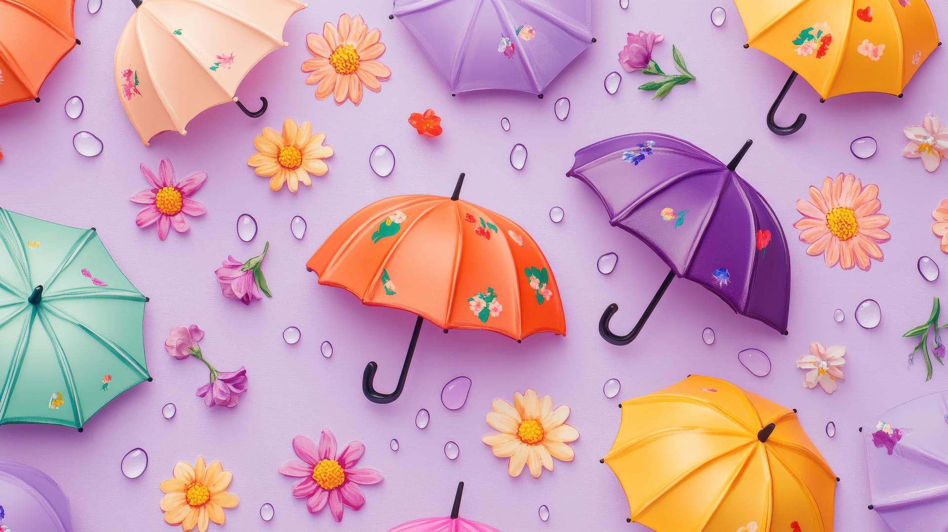 Preppy spring wallpaper with colorful umbrellas, raindrops, and blooming flowers on lavender background.