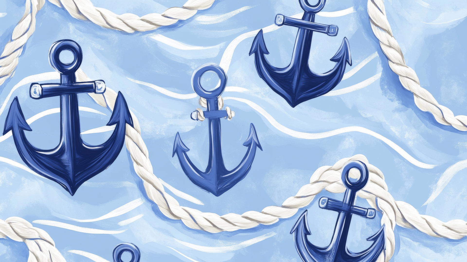 Preppy blue wallpaper with navy blue anchors, white ropes, and subtle wave patterns on sky-blue background