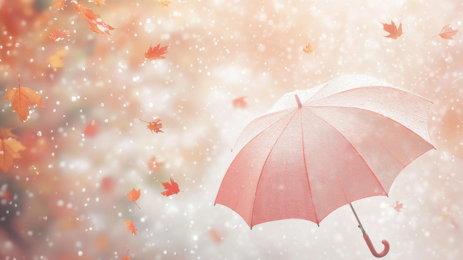 cute fall aesthetic wallpapers with pastel umbrella, raindrops, and fall leaves