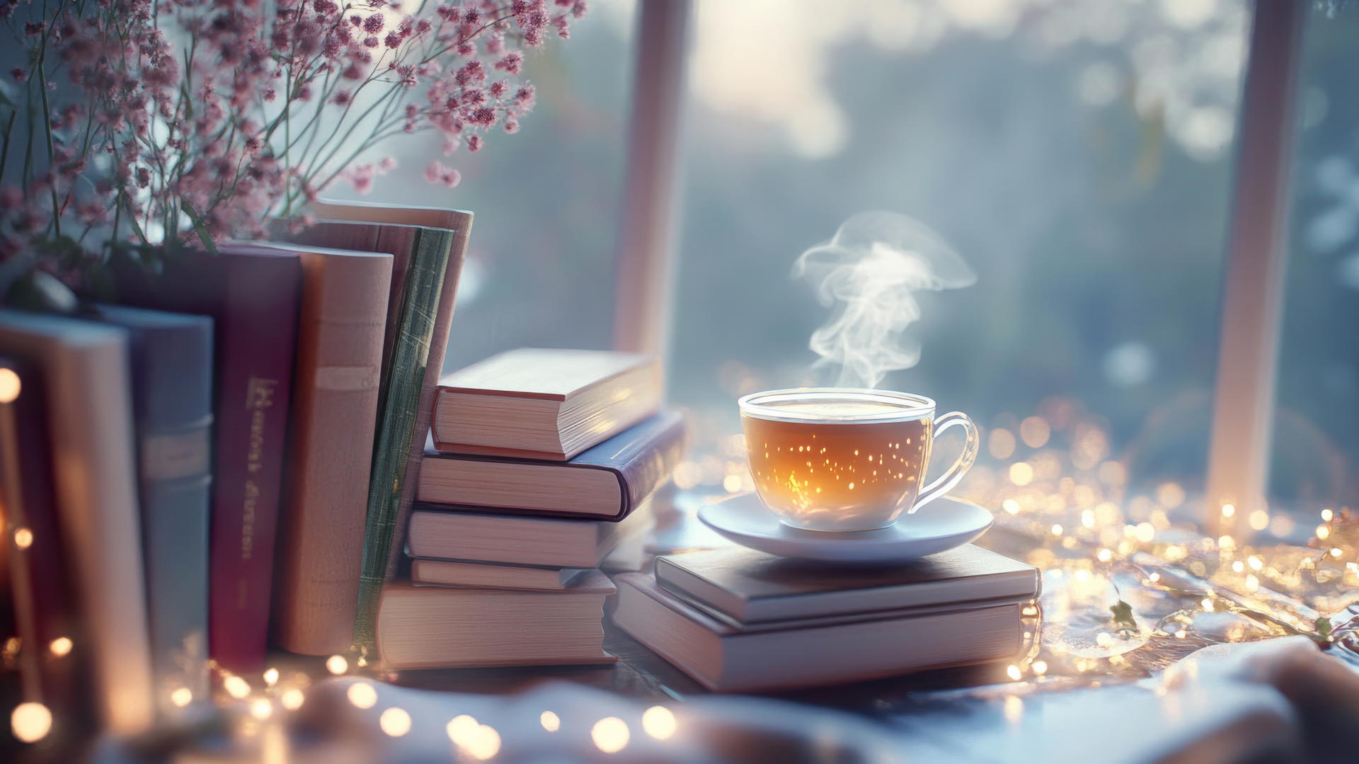 cute aesthetic wallpapers of a cozy reading nook with books, tea, and fairy lights