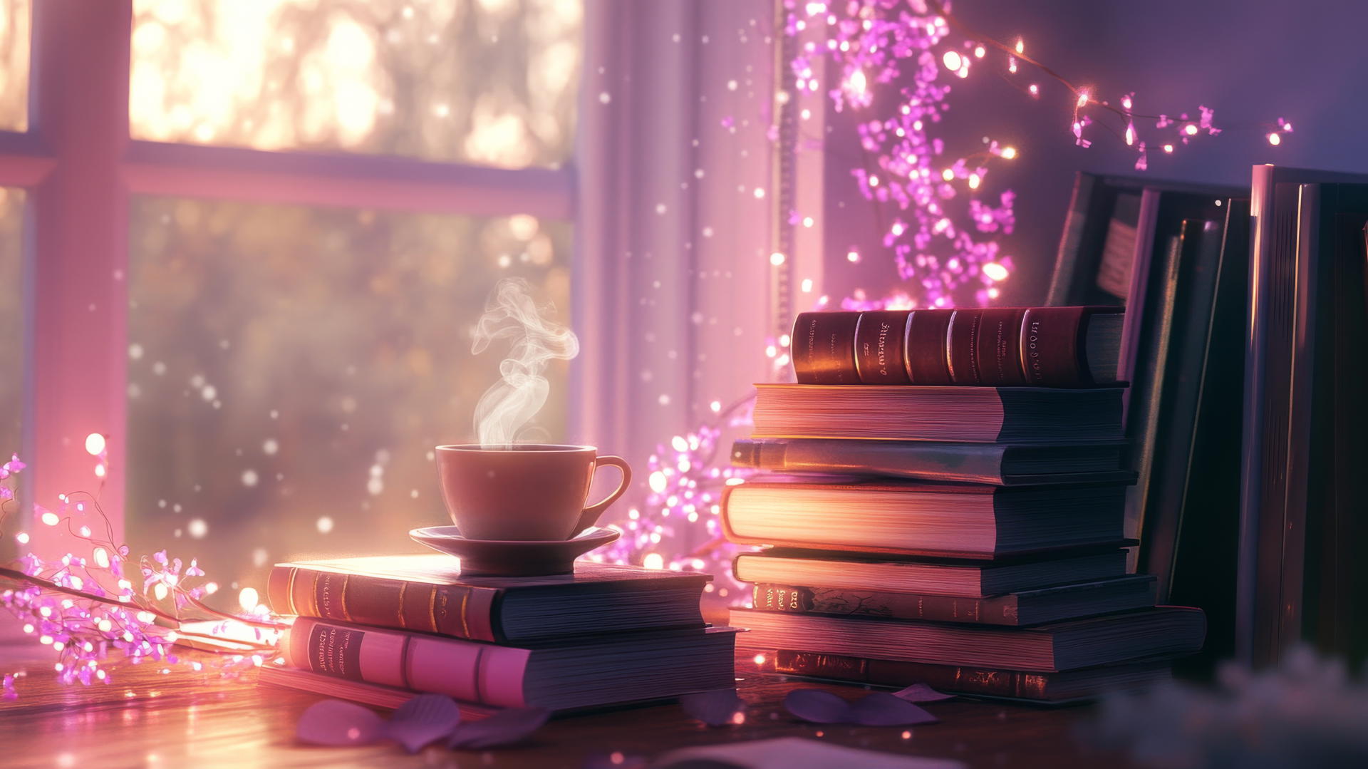 Cozy reading nook with books, tea, and fairy lights, in warm pastel tones, cute aesthetic wallpapers