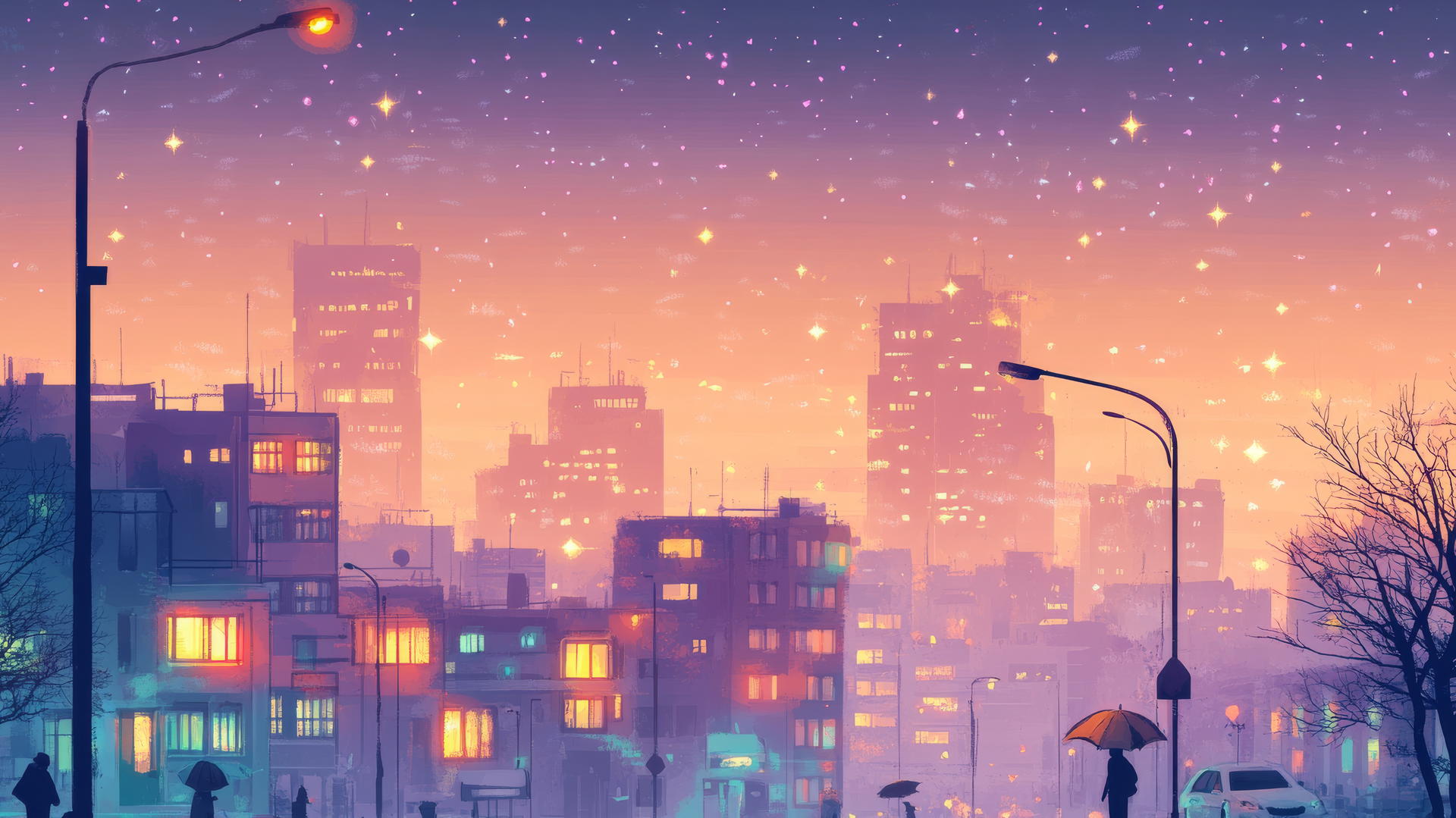 Cute aesthetic wallpapers featuring pastel cityscape at dusk with glowing windows and tiny cars.