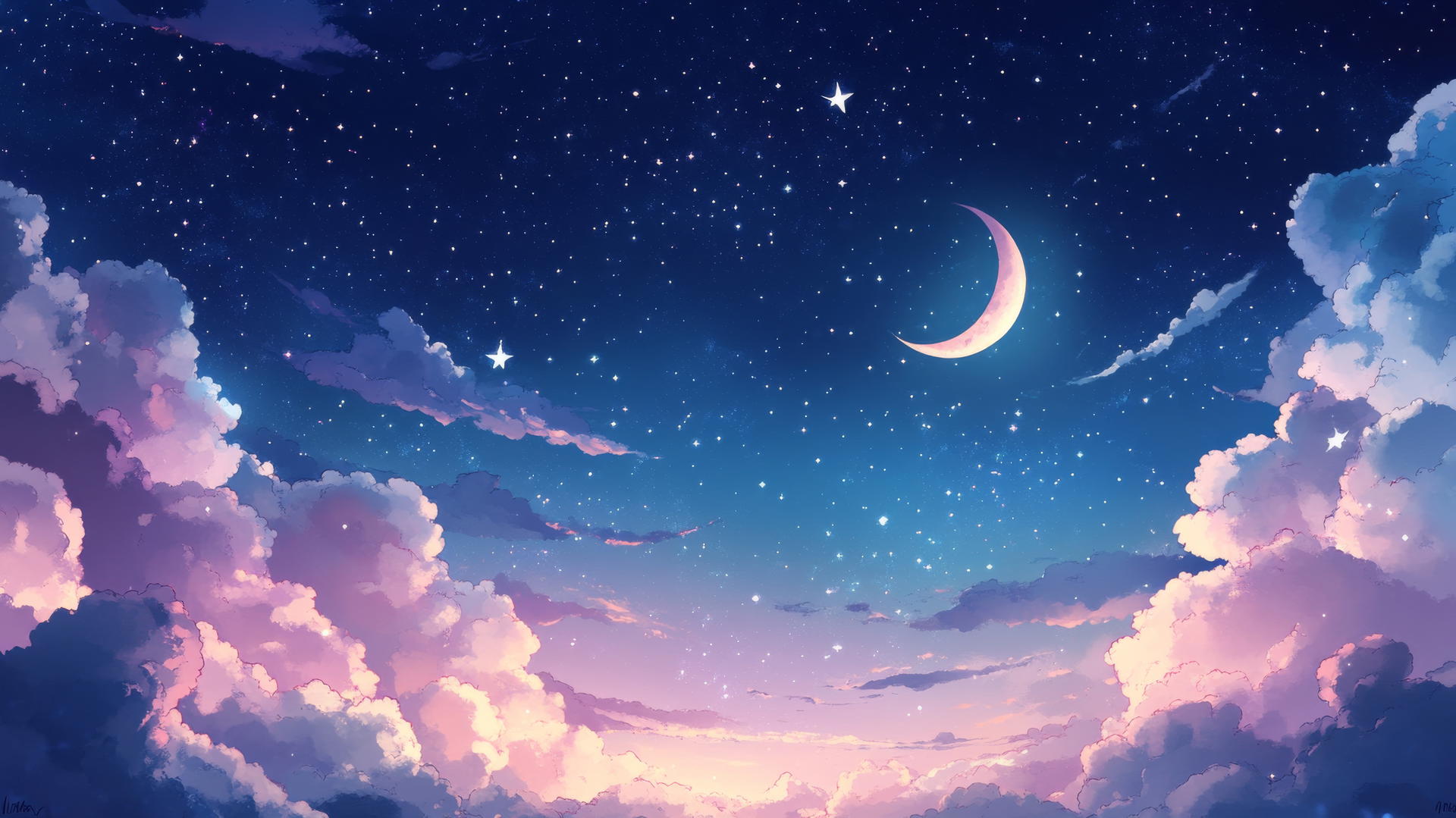 cute wallpapers with night sky, stars, crescent moon, and sleeping clouds