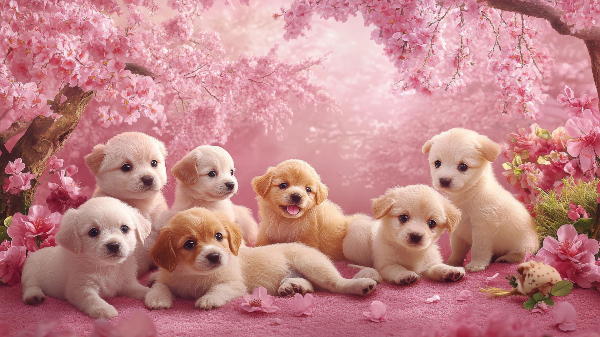 Pink cute puppy wallpaper with pastel flowers and trees