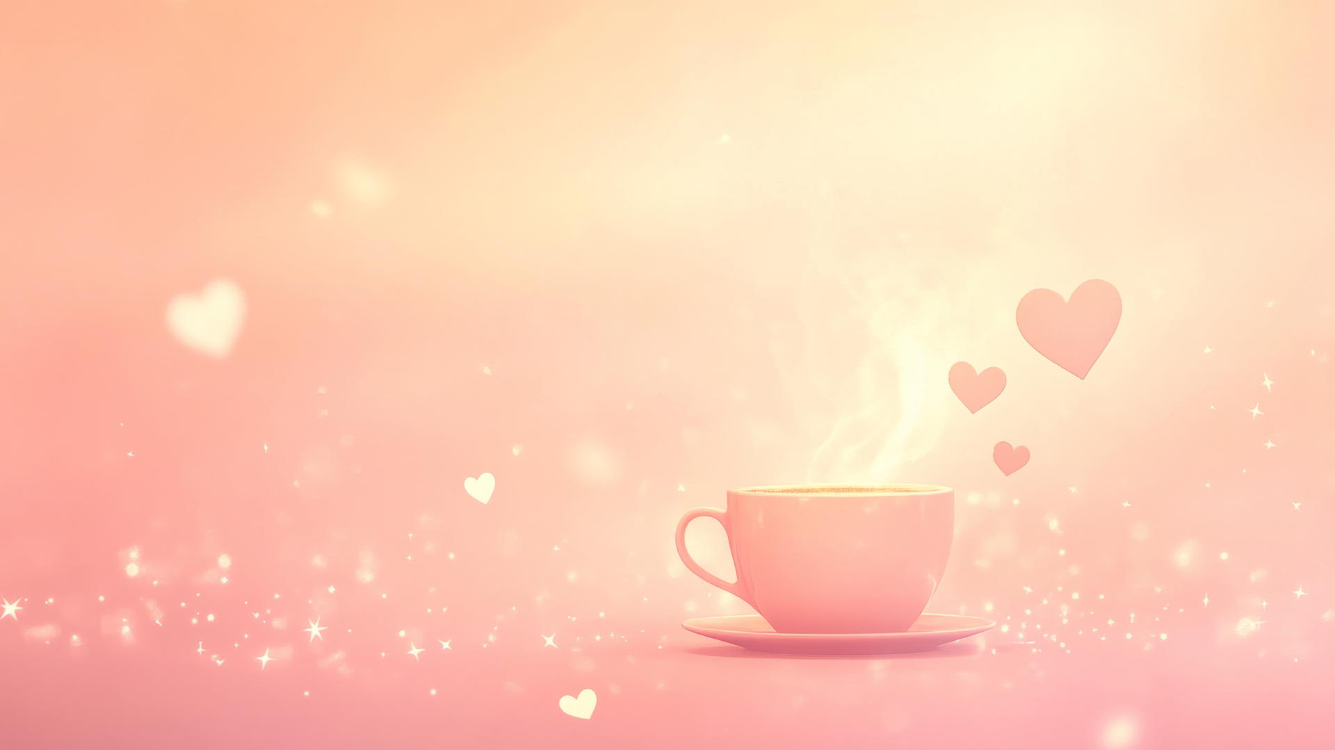 cute pink aesthetic wallpaper with cozy coffee cup, tiny hearts, soft light