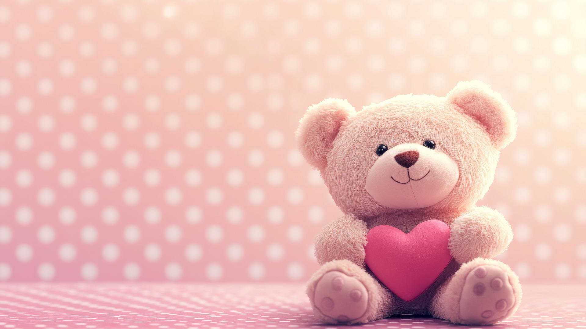 pink cute wallpaper with pink polka-dotted background and teddy bear holding a heart