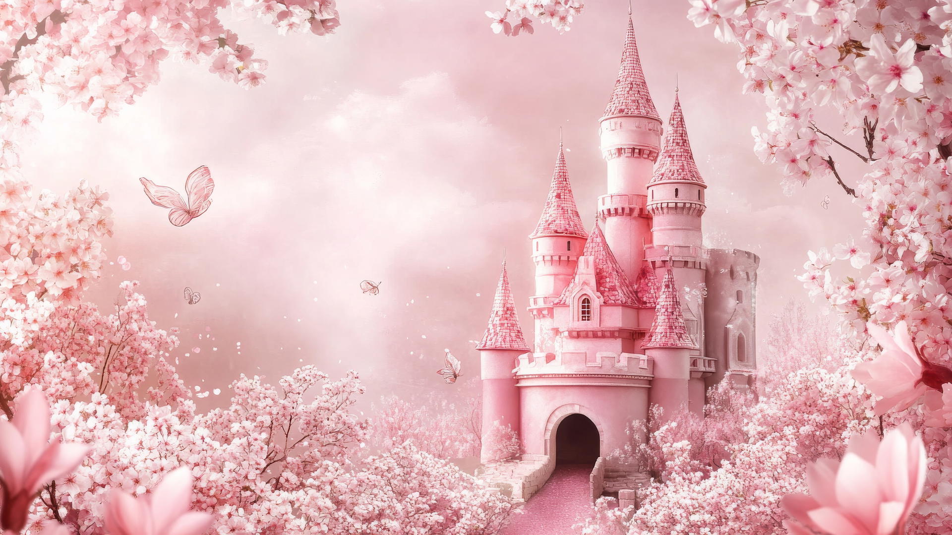 aesthetic pink wallpaper with a pink castle and blooming cherry blossoms