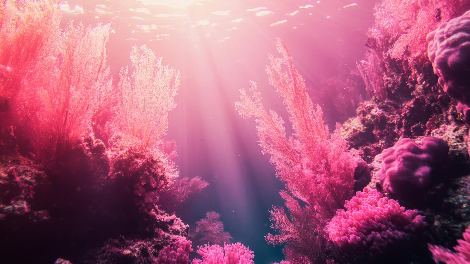 Aesthetic pink wallpaper of serene underwater scene with pink light illuminating coral and seaweed