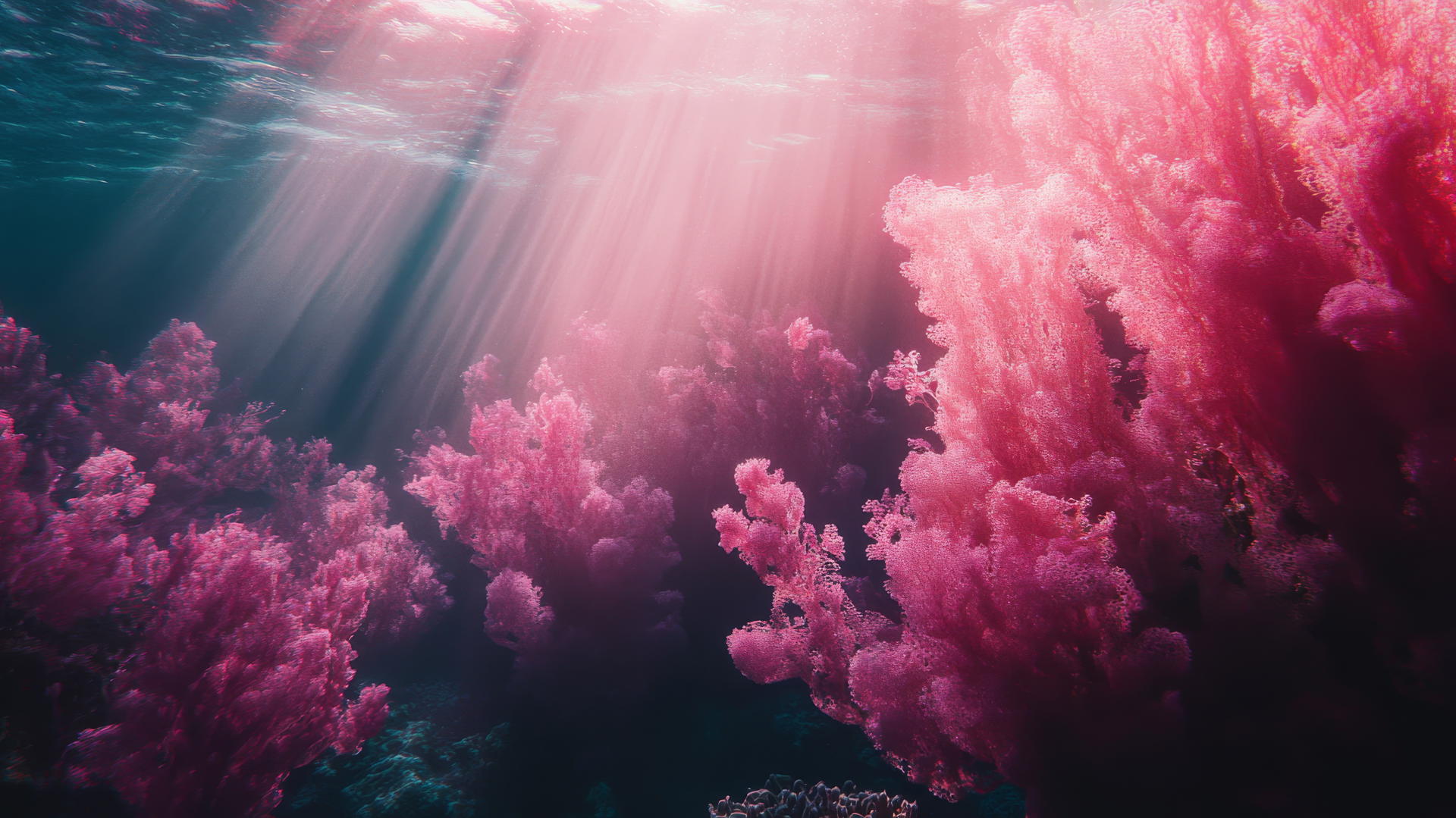 aesthetic pink wallpaper, underwater scene with pink light illuminating coral and seaweed