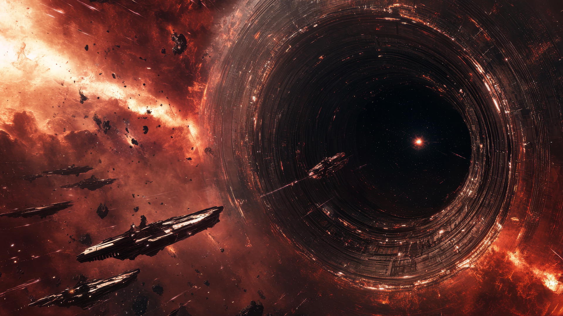 futuristic black hole wallpaper with starships and interstellar gateway