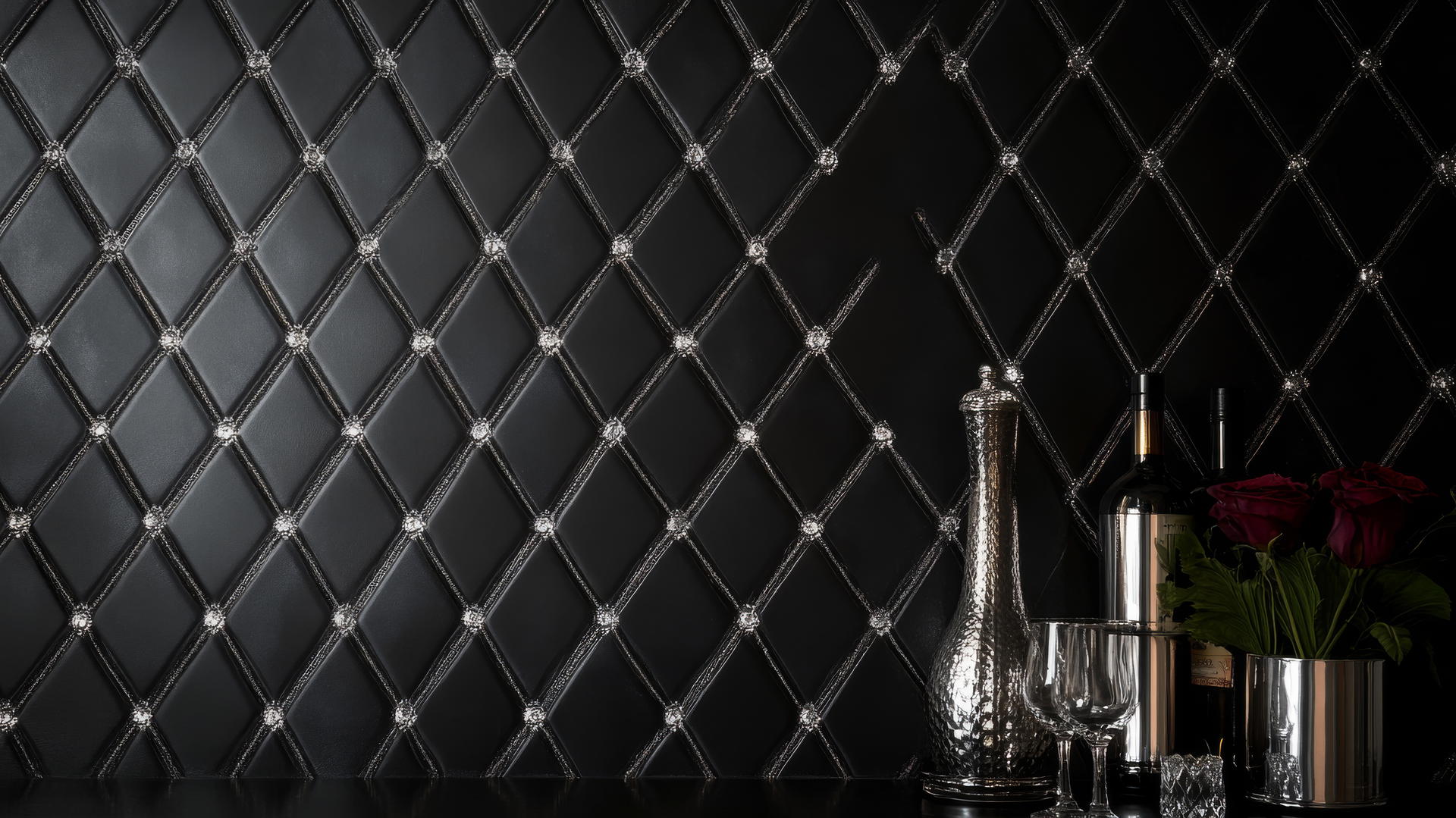 black wallpaper for girls with metallic silver accents and diamond pattern