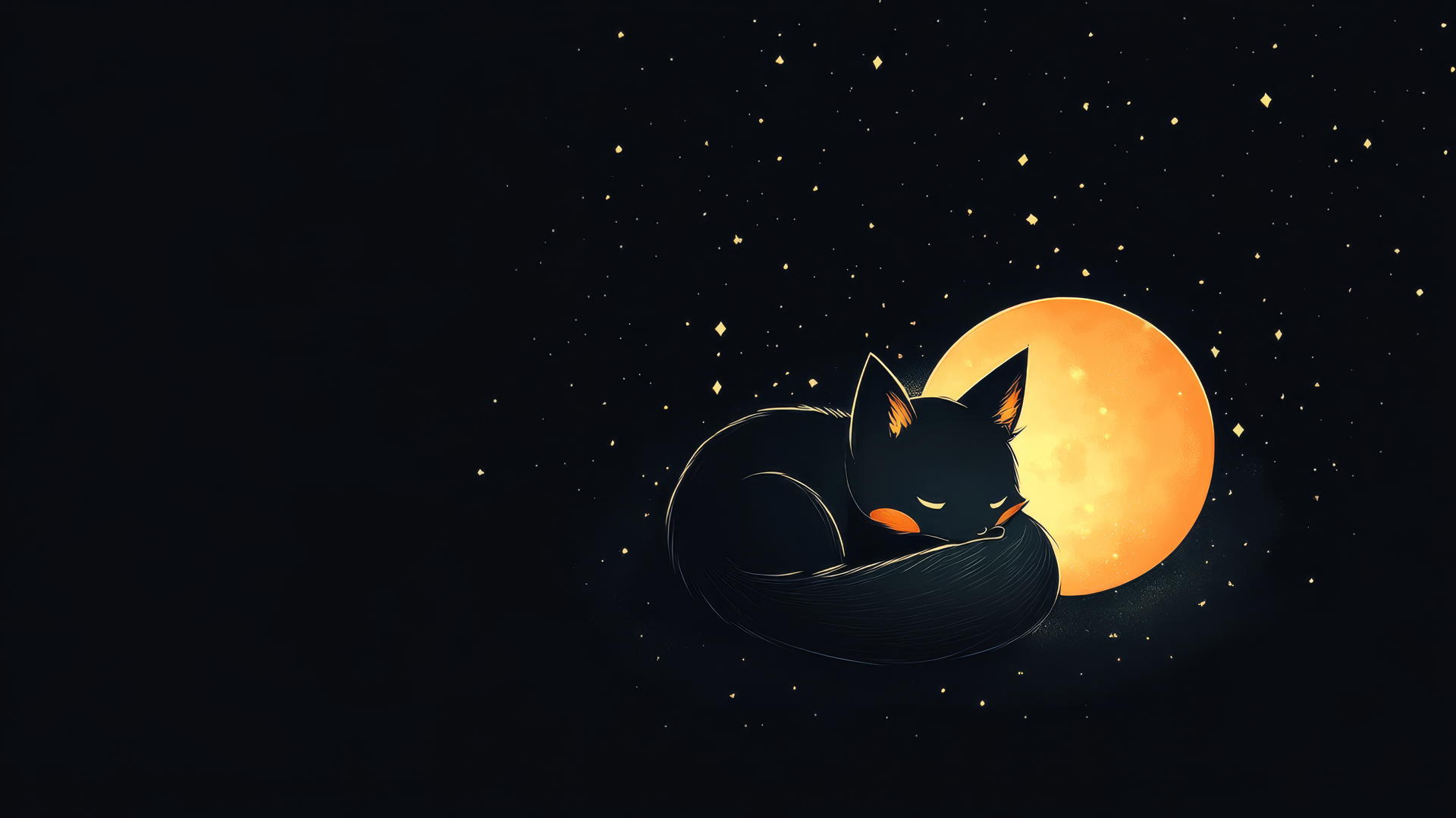 cute black wallpaper with chibi fox sleeping under glowing moon and stars