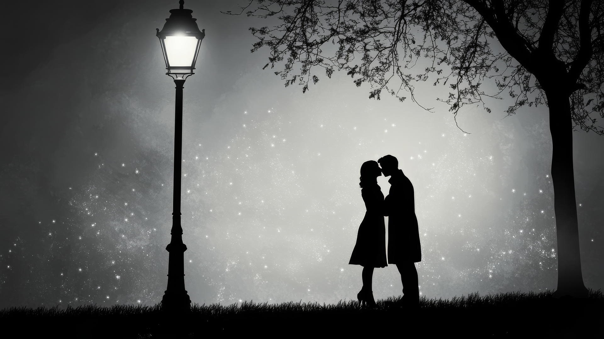 Black and white aesthetic wallpaper with a couple kissing under a streetlamp.
