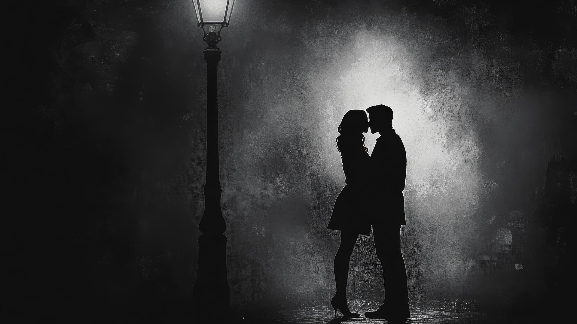 black and white aesthetic wallpaper with silhouette of couple kissing under streetlamp