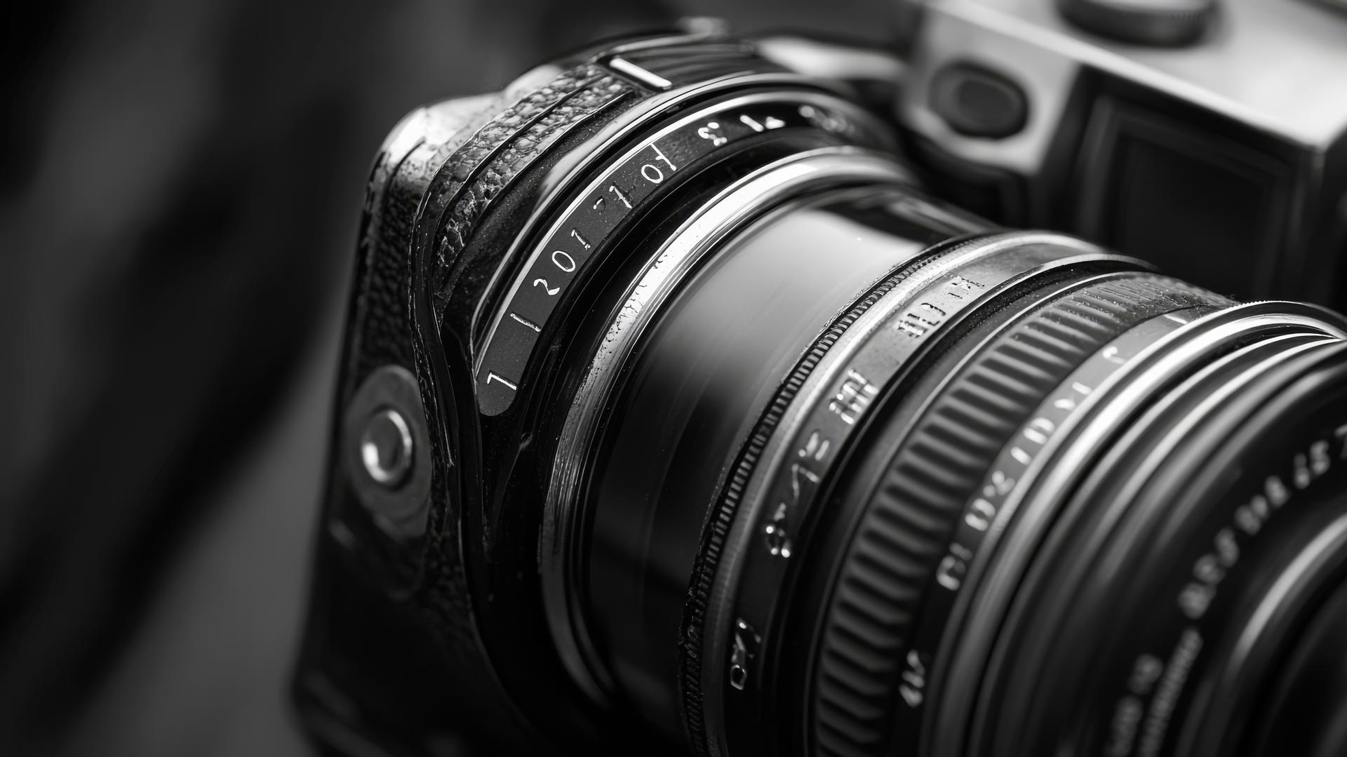 a close-up of a classic vintage camera with detailed textures of its lens and body, black and white aesthetic wallpaper
