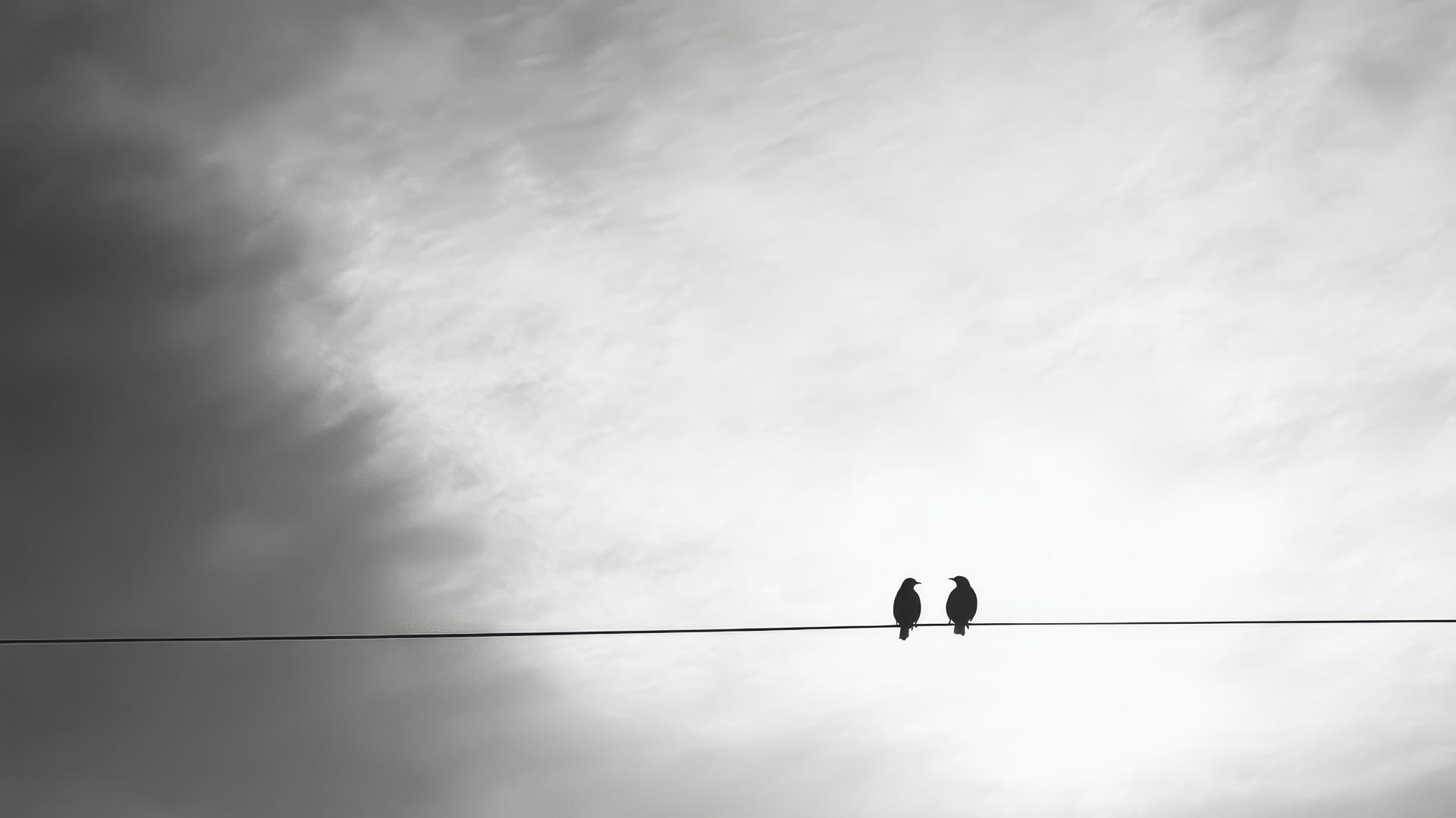 Black and white aesthetic wallpaper with two silhouetted birds perched on a wire against a vast open sky.