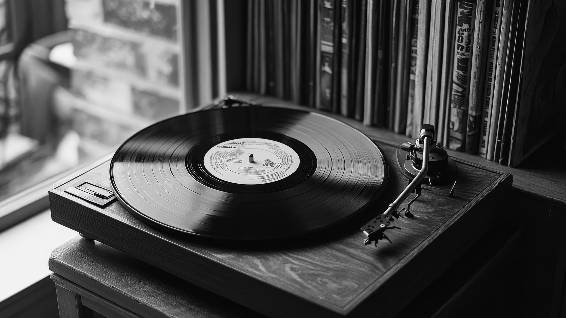 black and white aesthetic wallpaper with vintage vinyl records and a turntable