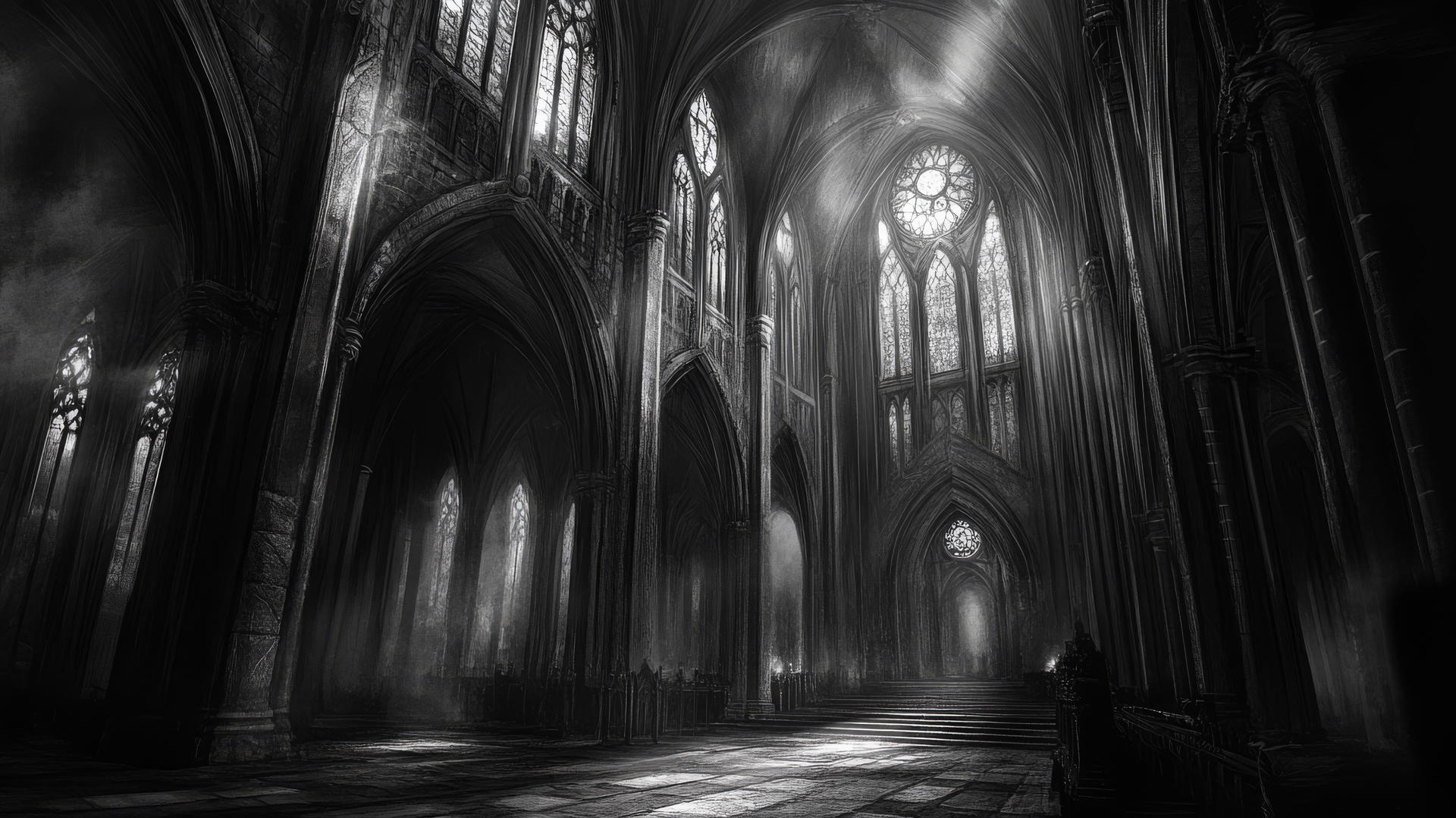 A gothic cathedral interior with arches and stained glass in black and white wallpaper.