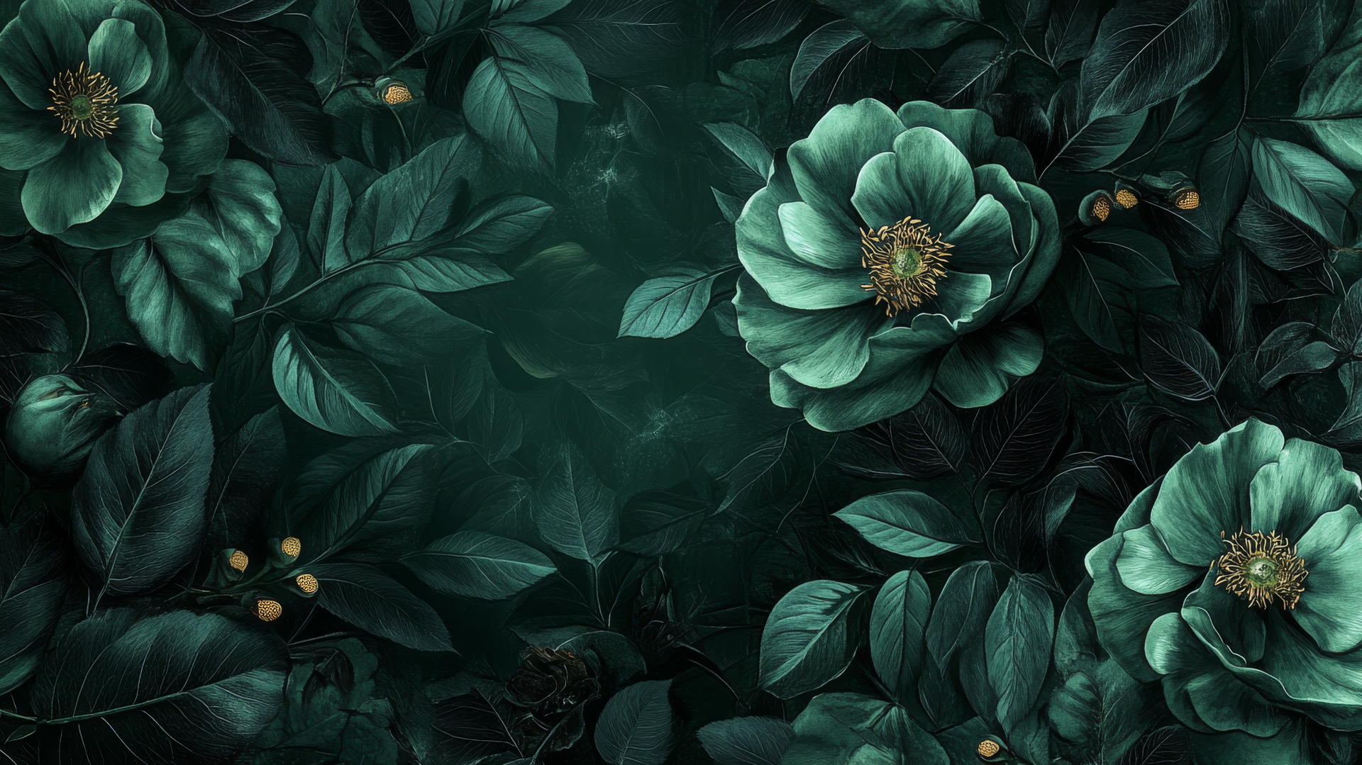 Bold green floral wallpaper with large dramatic roses and peonies in deep emerald and forest green