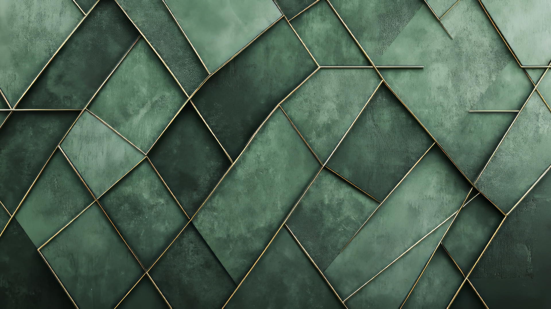 A geometric olive green wallpaper featuring overlapping hexagons, triangles with thin gold lines.