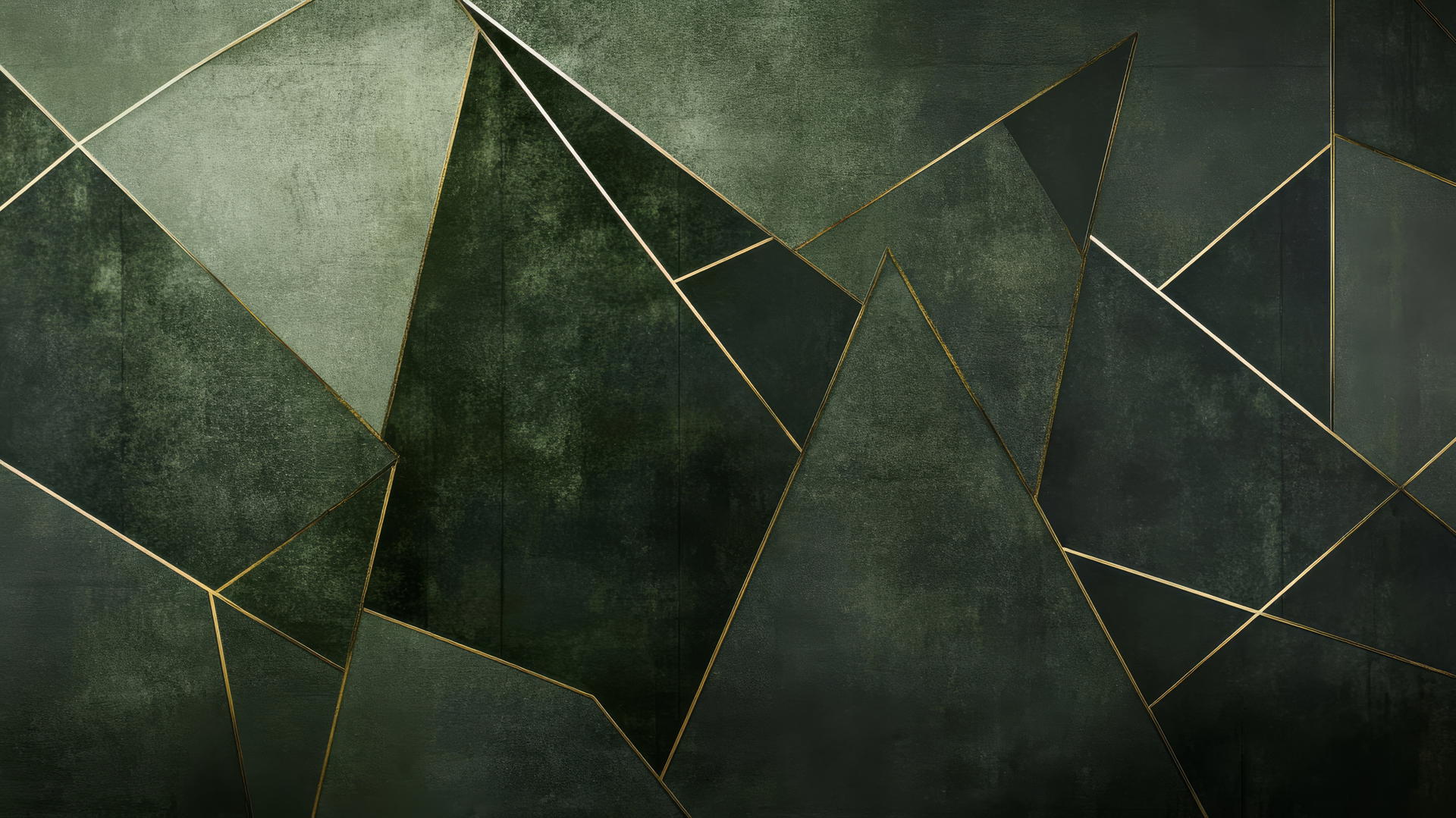 A geometric olive green wallpaper with hexagons, triangles, and gold accents.