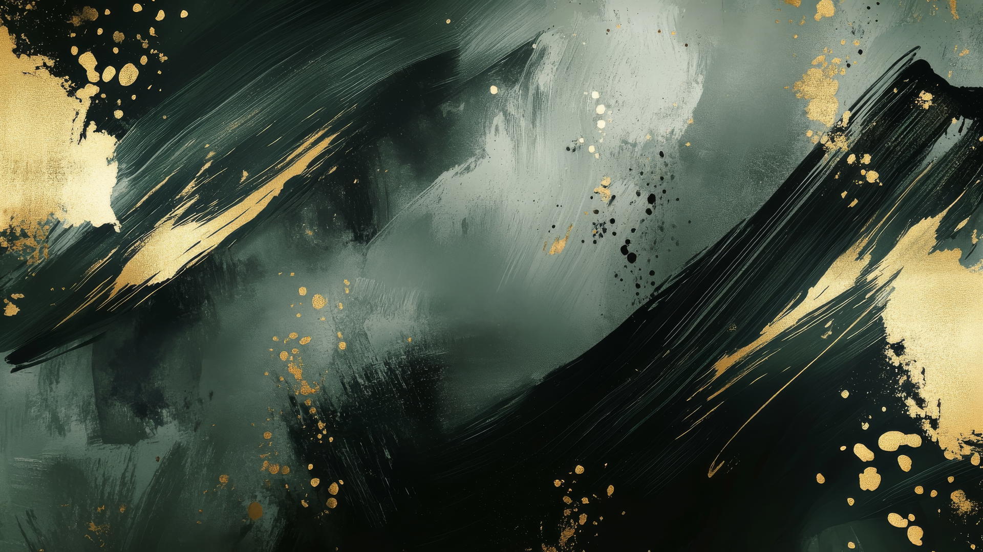modern abstract olive green wallpaper with bold brush strokes and splashes of gold