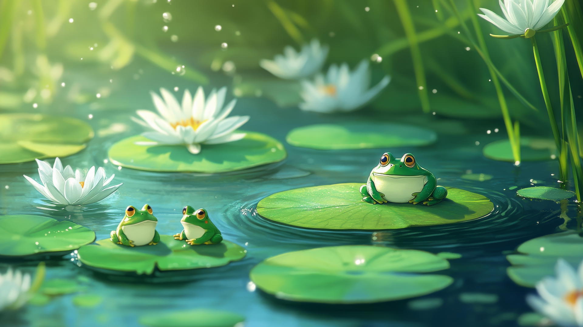 cute green wallpaper with cartoon frogs on lily pads, water lilies, and ripples
