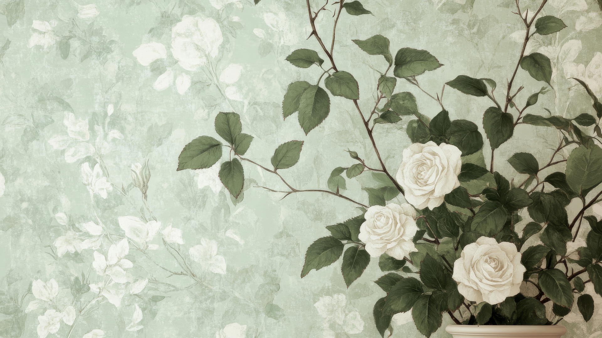 Aesthetic green wallpaper with delicate floral illustrations of roses and leaves.