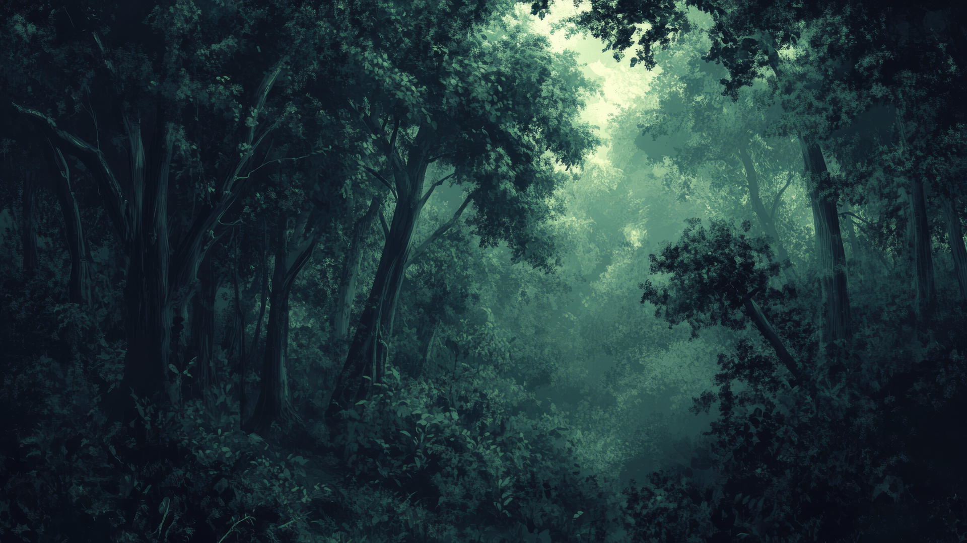 dark green wallpaper with forest at dusk, shadows between trees and soft light through foliage