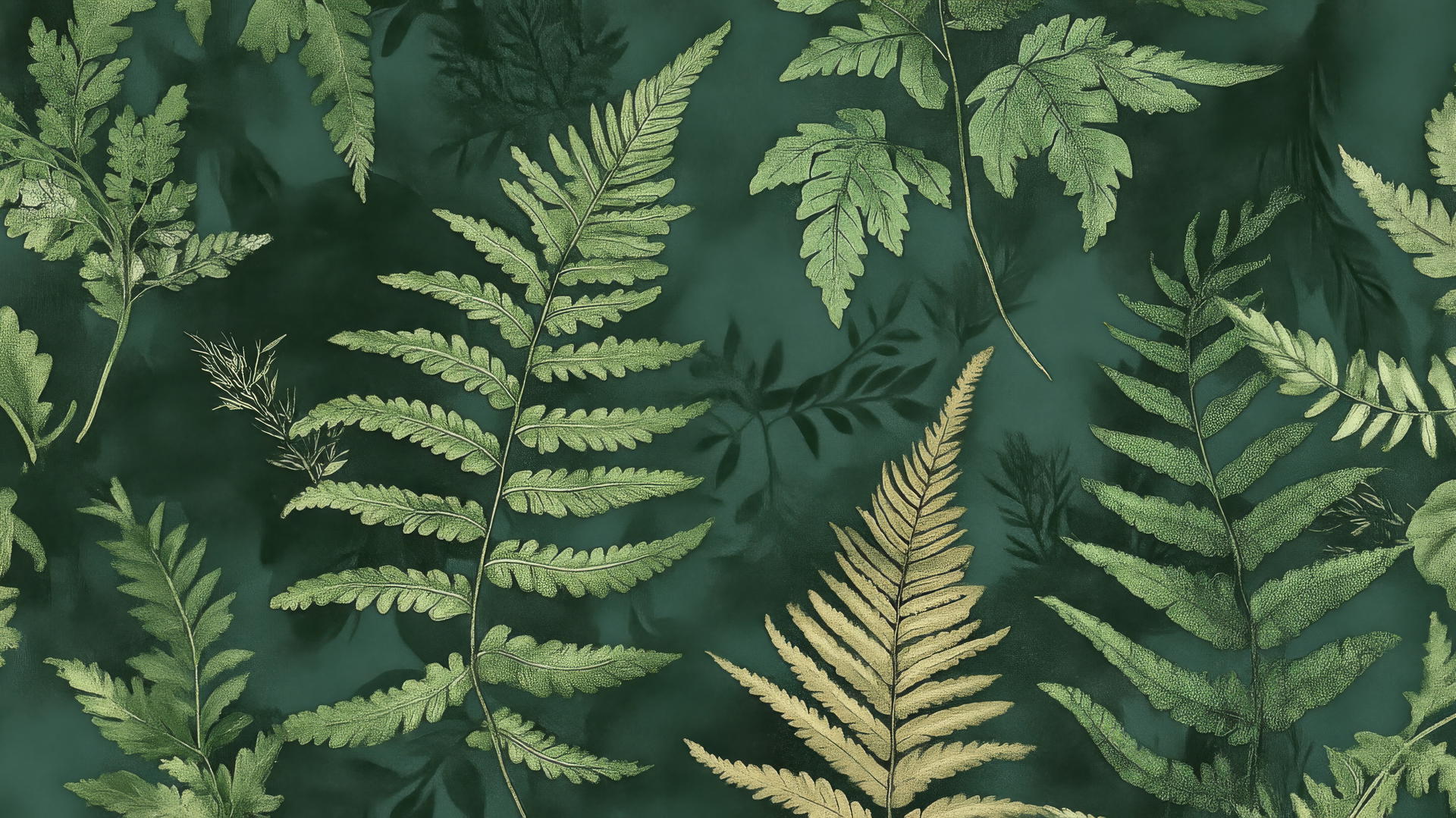 Elegant botanical design with detailed illustrations of ferns and leaves, deep green wallpaper