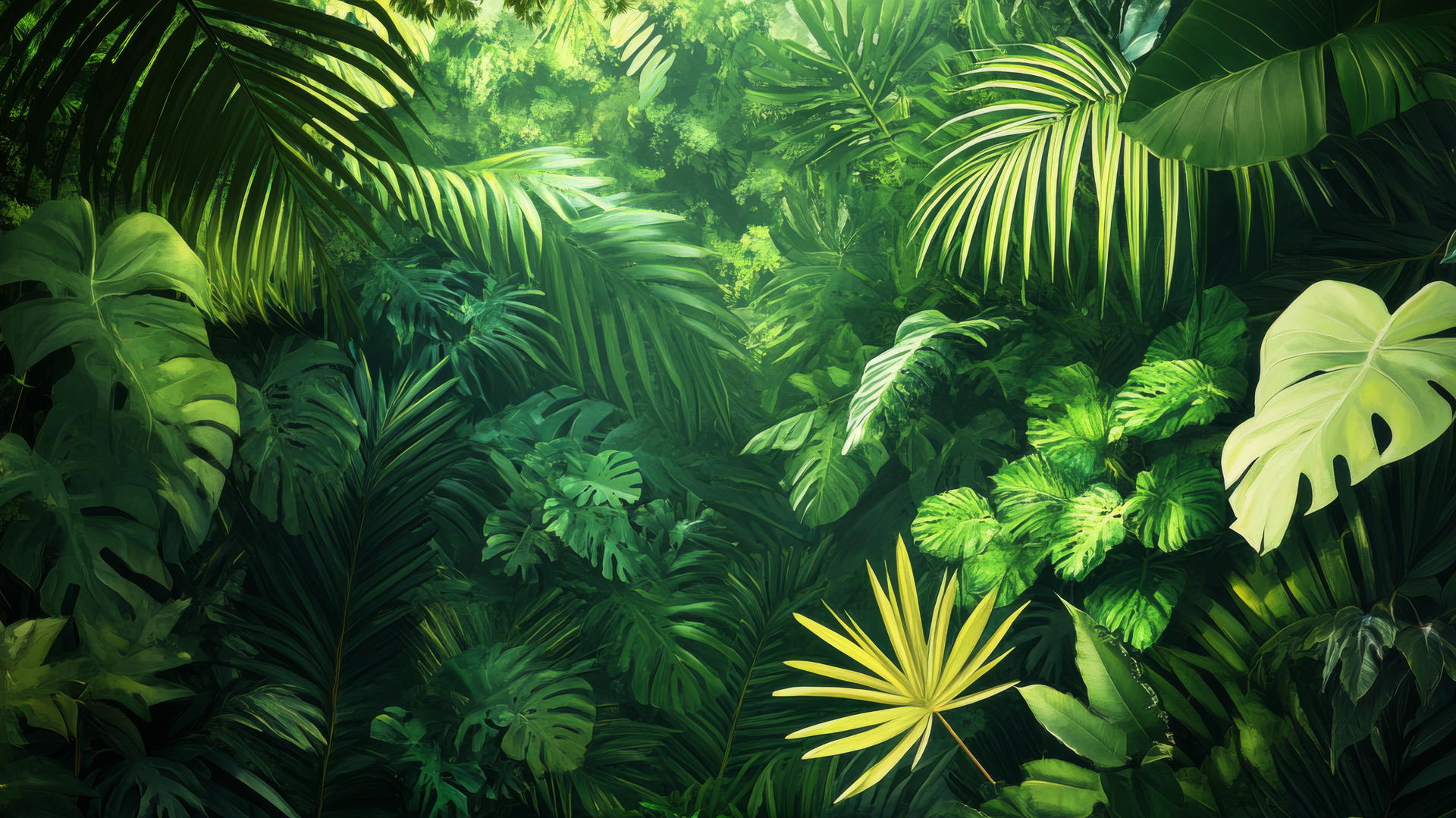 vibrant tropical jungle scene with lush greenery and bright green foliage, green wallpaper